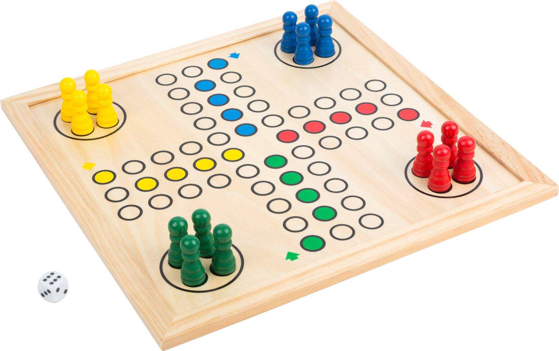 Ein Ludo-Brettspiel mit vier farbigen Spielsteinen – gelb, blau, rot und grün – auf einem Holzbrett, plus ein Würfel in der Nähe.