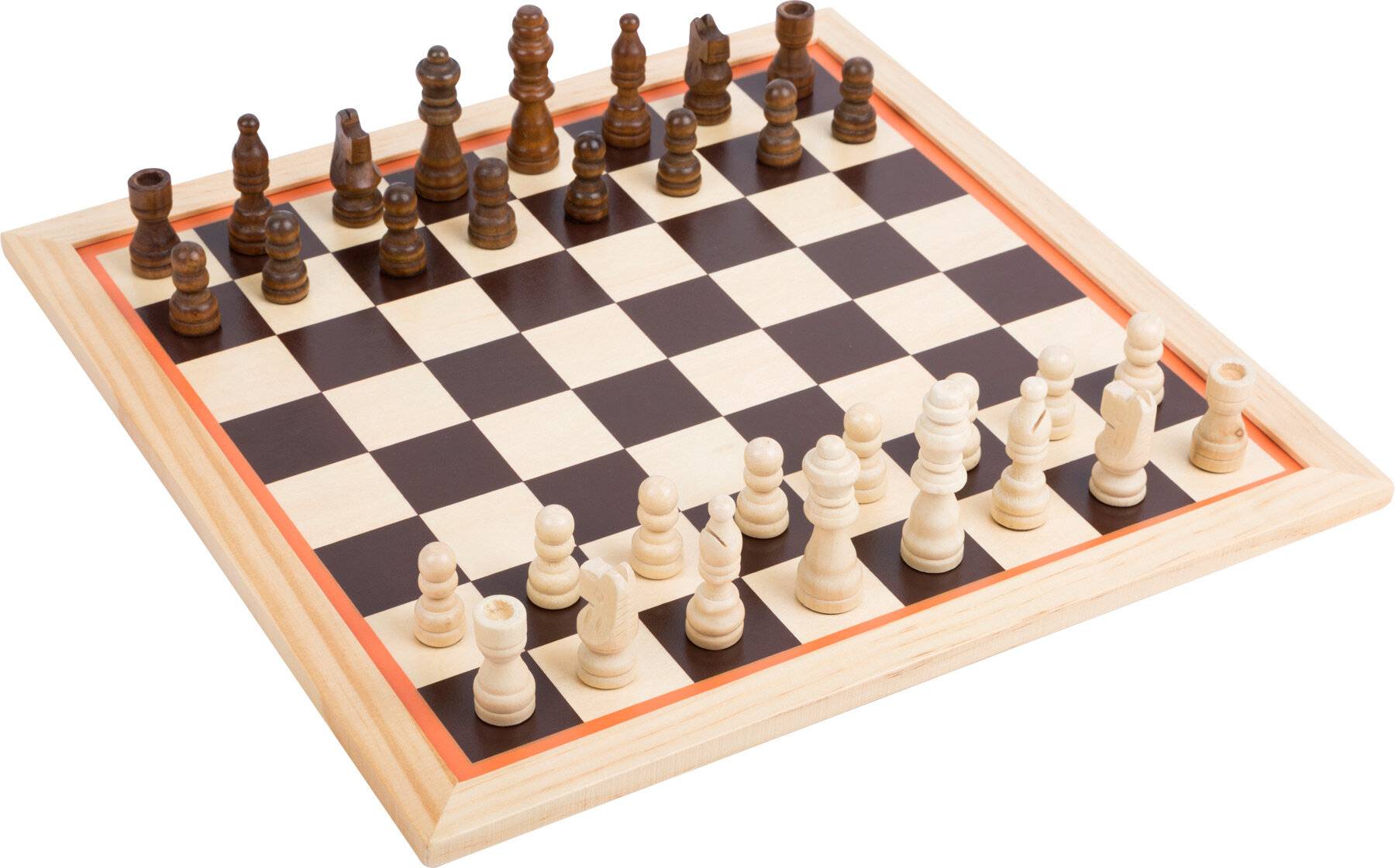 Holzbrett für Schach mit allen Figuren für ein Spiel aufgestellt, schwarze Figuren auf einer Seite und weiße Figuren auf der anderen Seite.