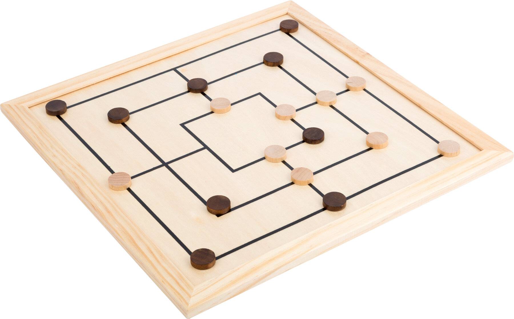 Holzbrett für Mühle mit dunkel- und hellrotonden Spielsteinen, angeordnet auf einem Drei-Ring-Gitter.