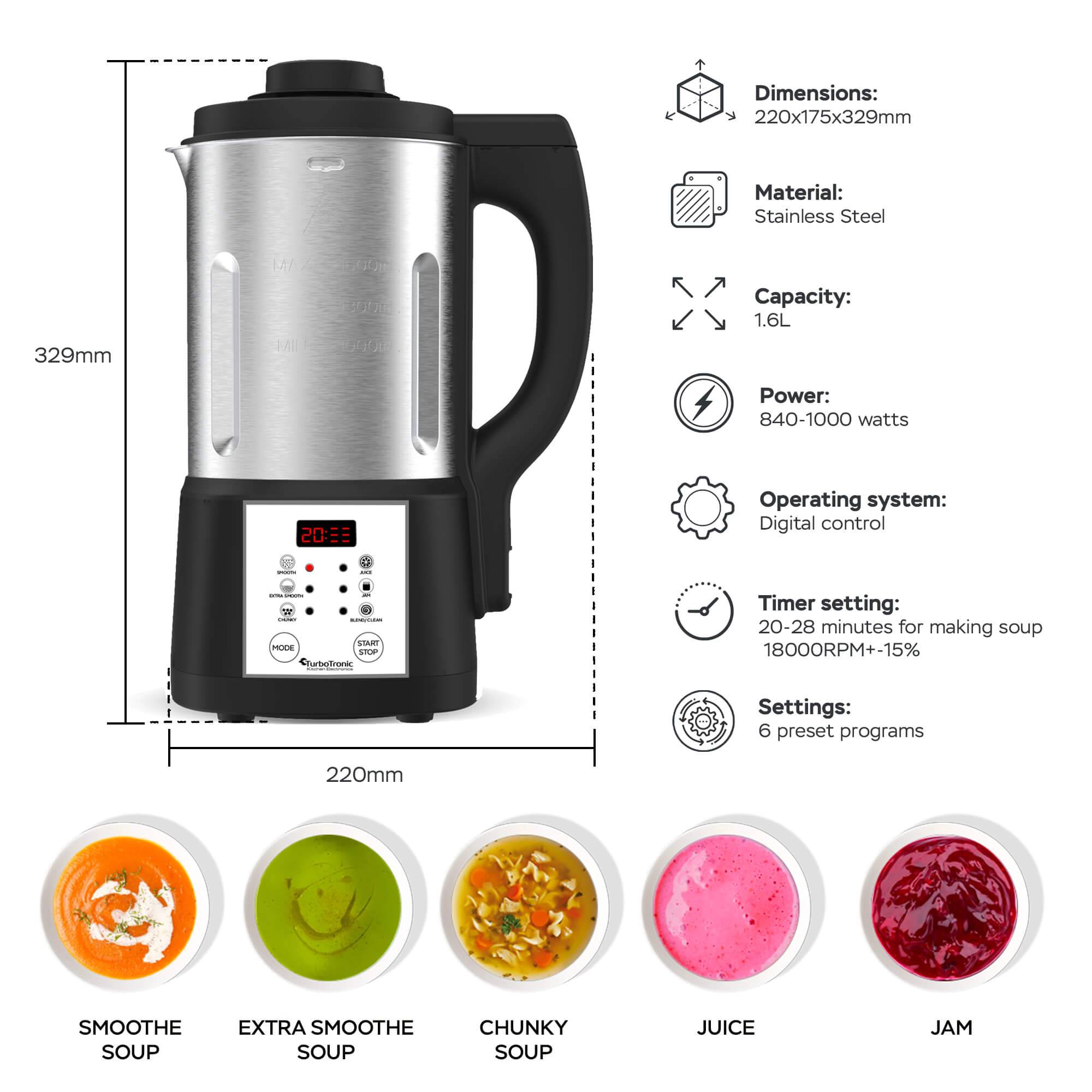 TurboTronic Suppenkocher Suppenbereiter 1,6L, 1000 W, 6 Programme, Suppenautomat, Multikocher, Smoothie-Maker, Baby-Nahrung, Familie Silber