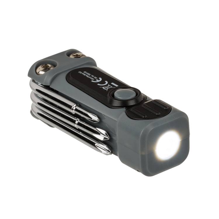 Ein kompaktes graues Taschenlampengerät mit heller LED-Leuchte, das mehrere ausklappbare Werkzeuge an der Seite für multifunktionale Verwendung aufweist.