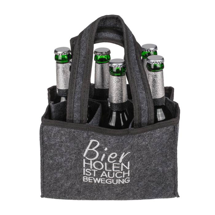 Flaschentasche aus Filz mit 6 Fächern Bier holen ist auch Bewegung ca. 24 x 15 cm