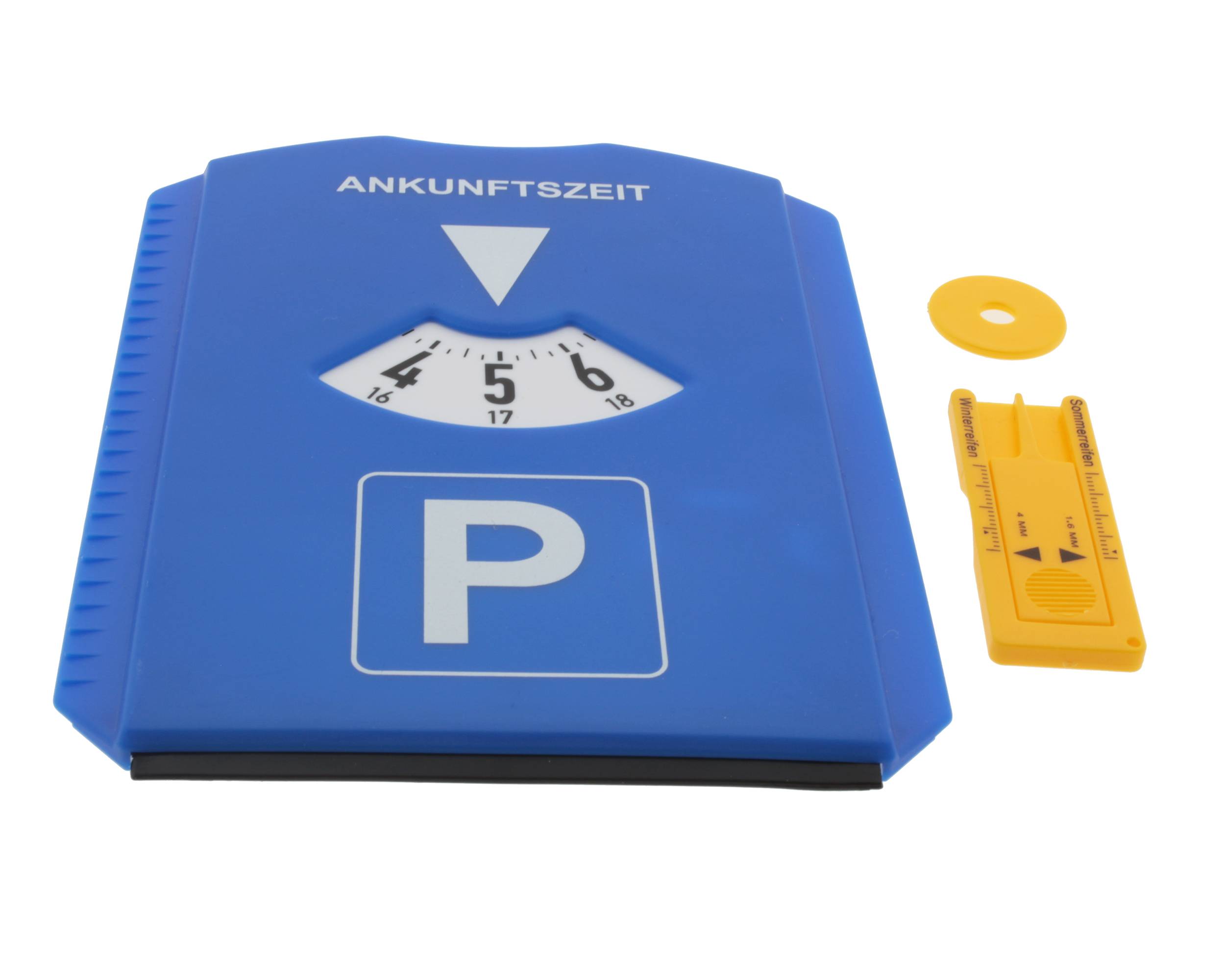 Parkscheibe mit Eiskratzer, Einskaufschip und Reifenprofilmesser