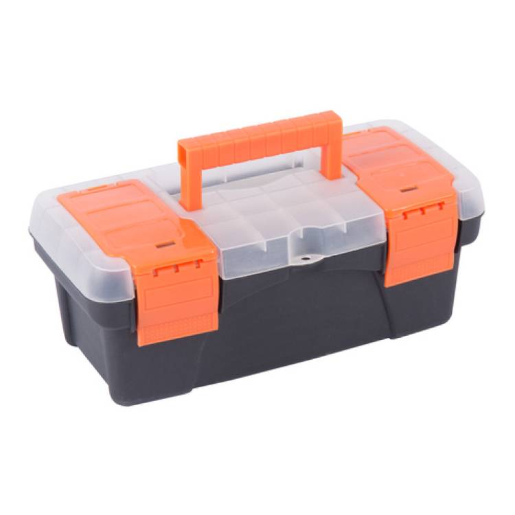 Eine schwarz-orange Kunststoffwerkzeugkiste mit zentralem Griff und zwei Verschlüssen, die zum Lagern und Organisieren von Werkzeugen verwendet wird.