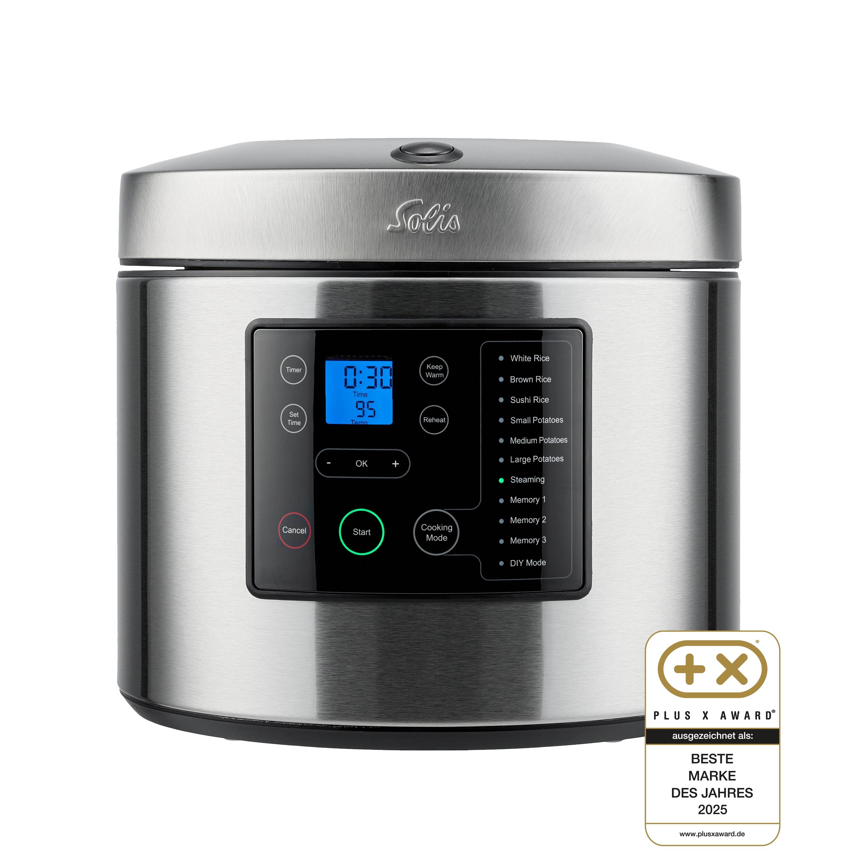 Solis Reiskocher & Dampfgarer, 850 W, 5L Volumen, 3D Heizsystem, Timer, Display