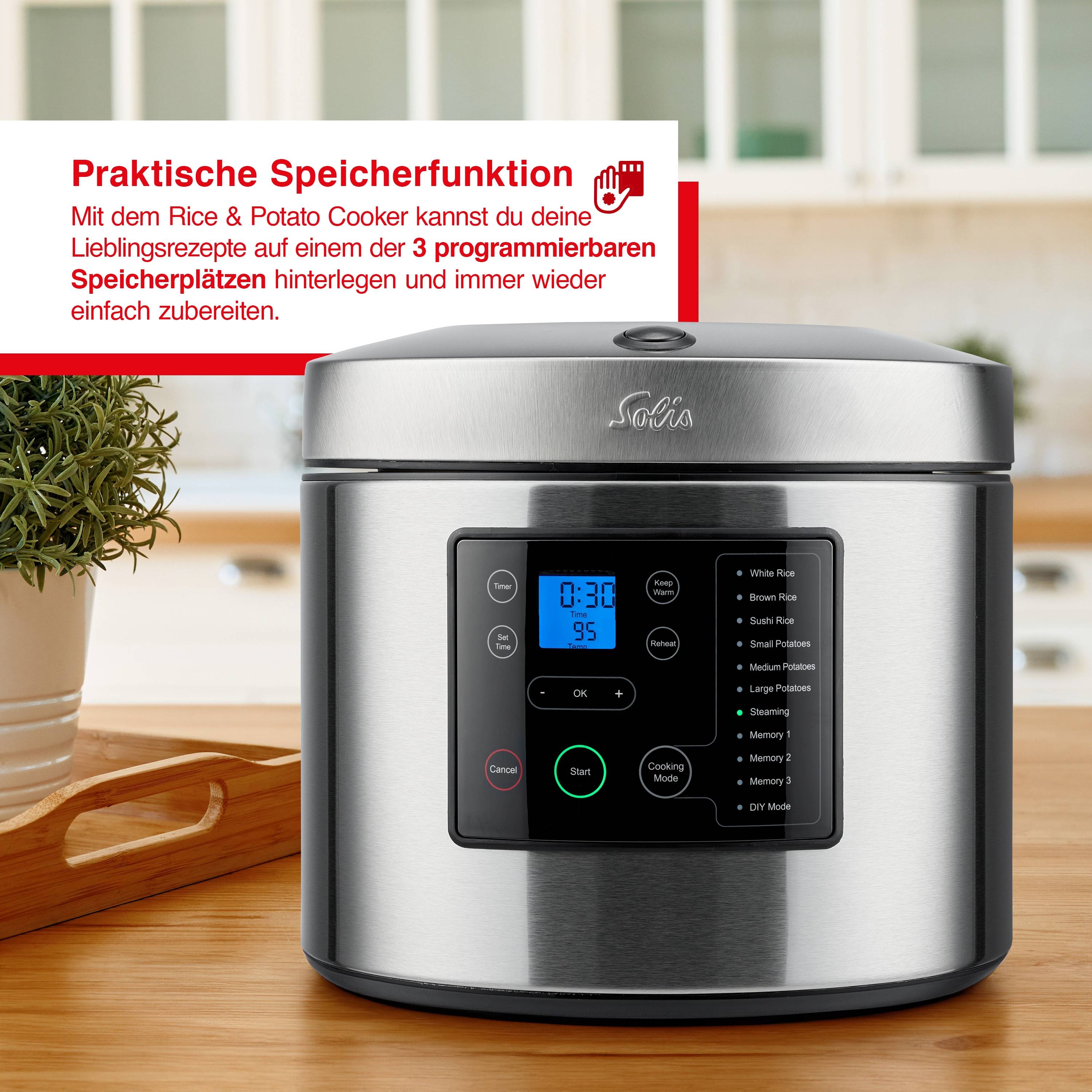 Solis Reiskocher & Dampfgarer, 850 W, 5L Volumen, 3D Heizsystem, Timer, Display
