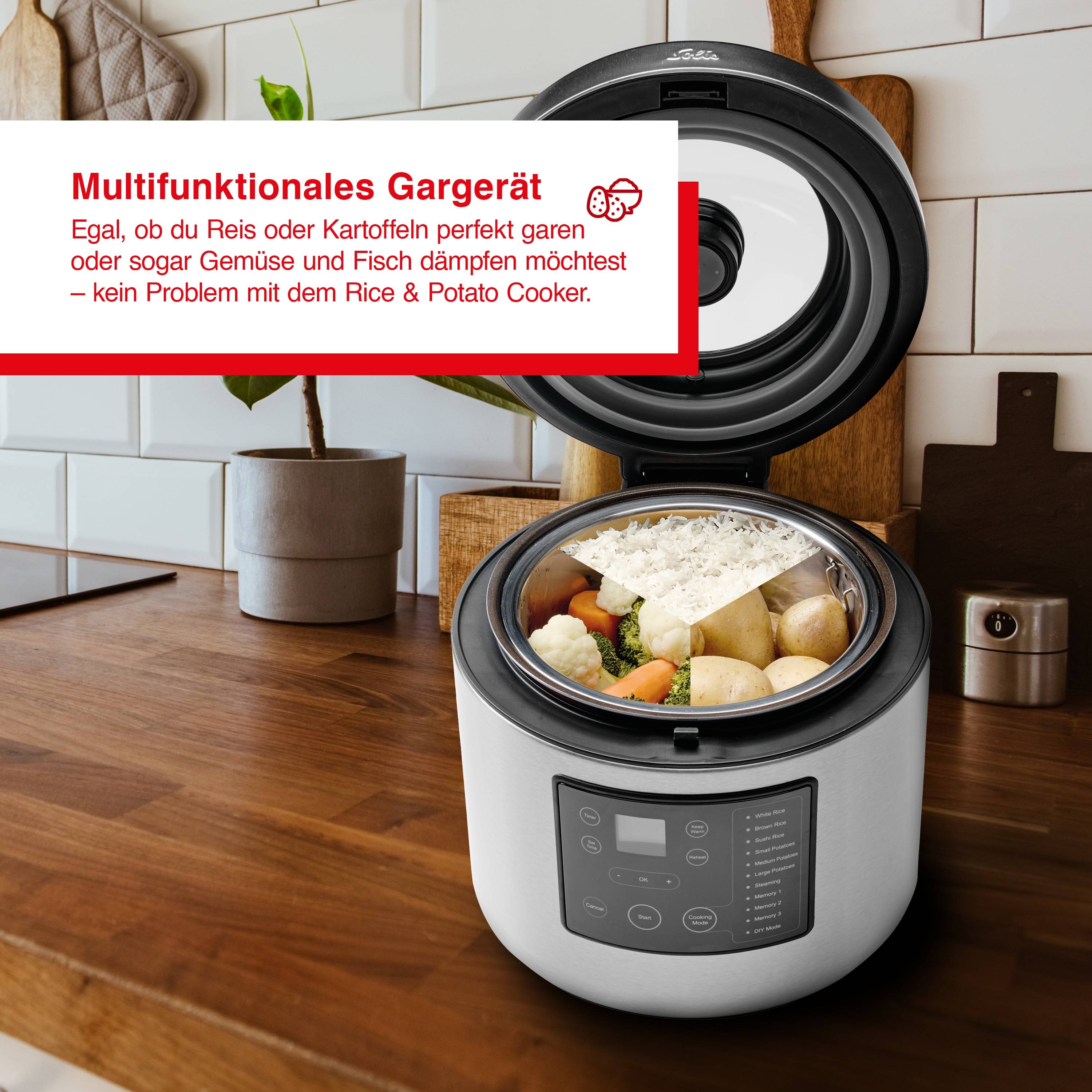 Solis Reiskocher & Dampfgarer, 850 W, 5L Volumen, 3D Heizsystem, Timer, Display
