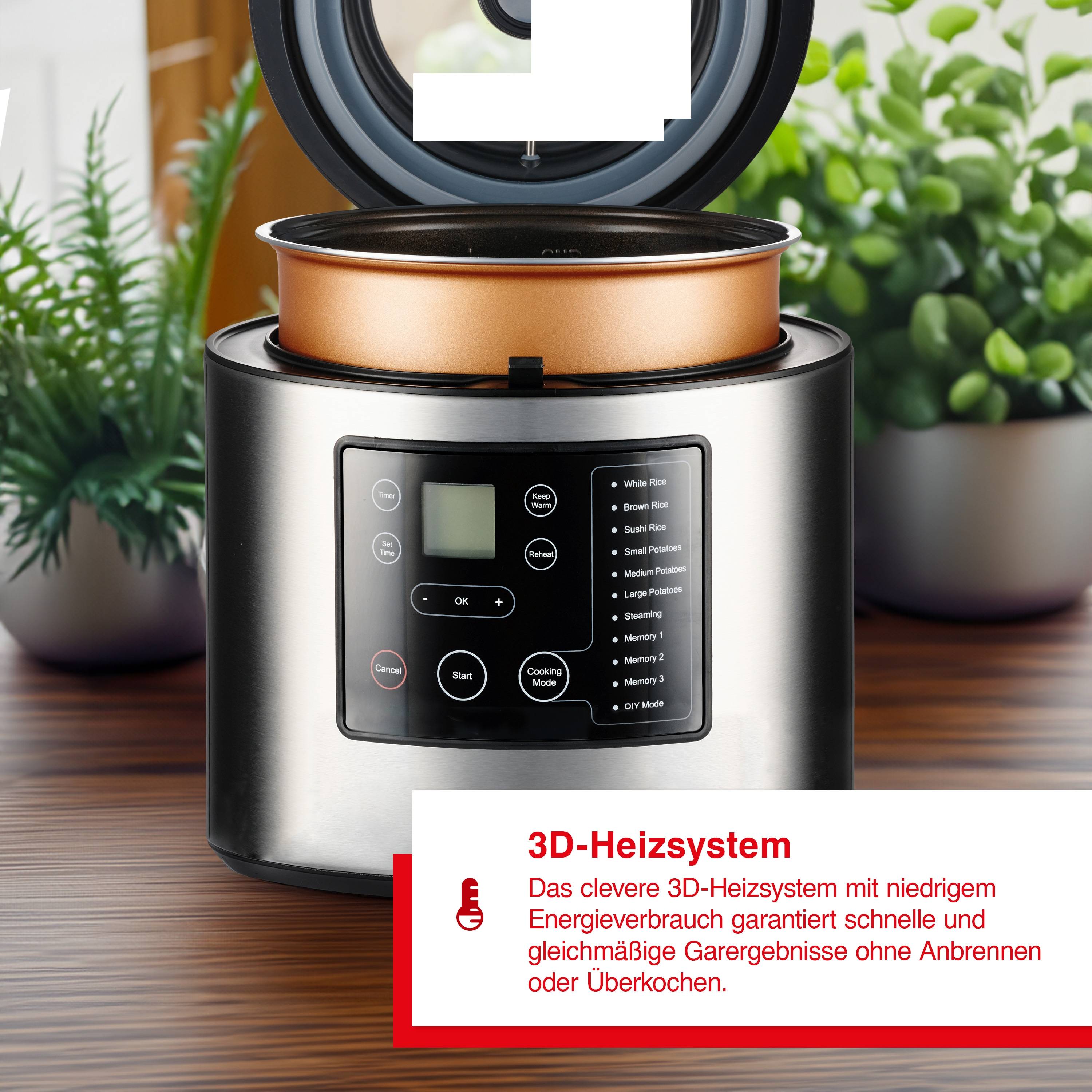 Solis Reiskocher & Dampfgarer, 850 W, 5L Volumen, 3D Heizsystem, Timer, Display
