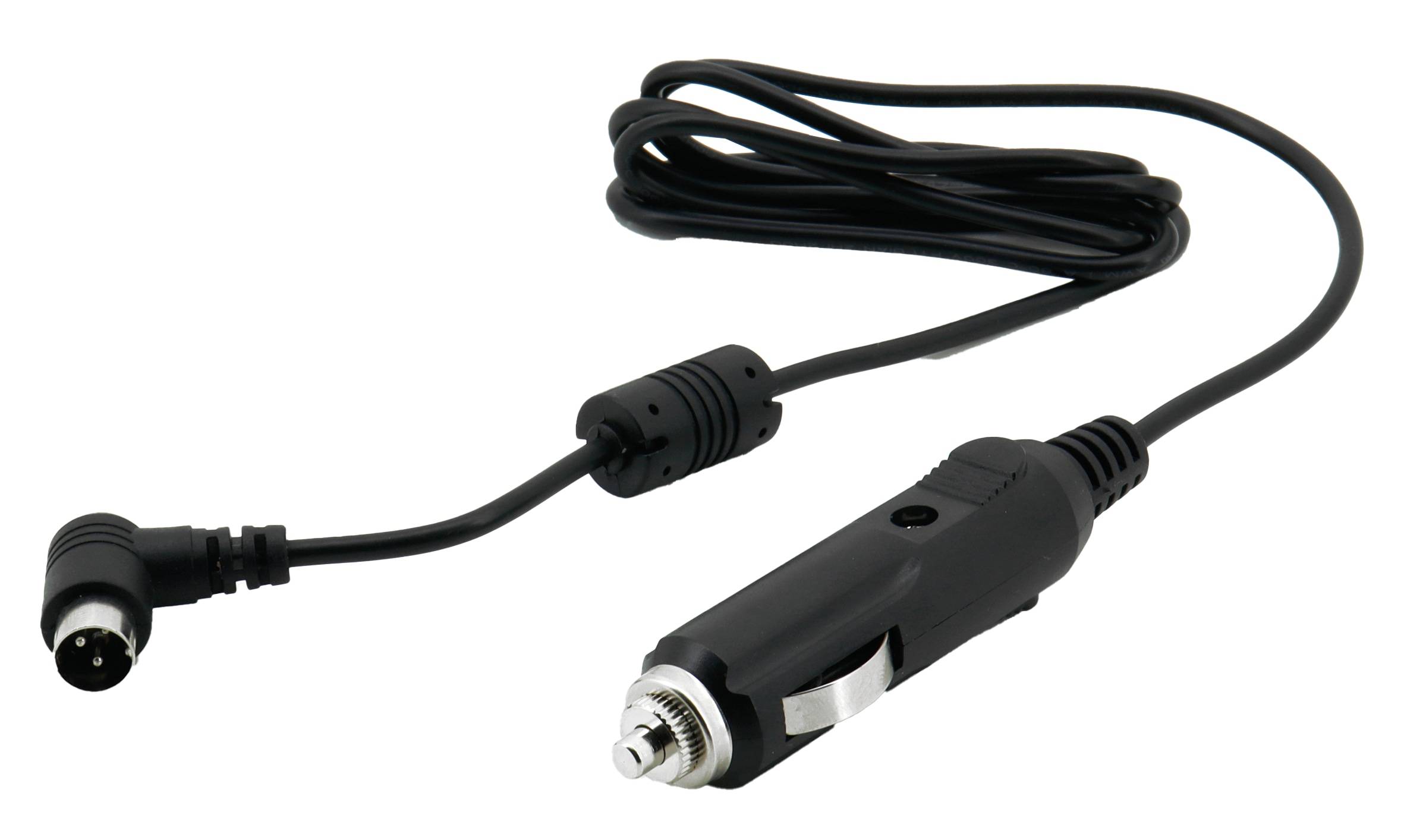 Ein schwarzes Autolader-Kabel mit Stecker, aufgewickeltem Kabel und Anschluss.