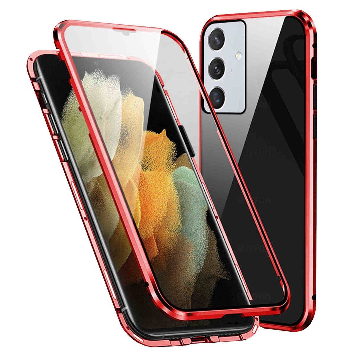 Für Samsung Galaxy A35 Beidseitiger 360 Grad Magnet Glas Hülle Handy Tasche Bumper Rot