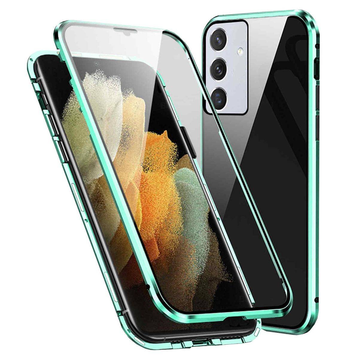 Für Samsung Galaxy A35 Beidseitiger 360 Grad Magnet Glas Hülle Handy Tasche Bumper Grün