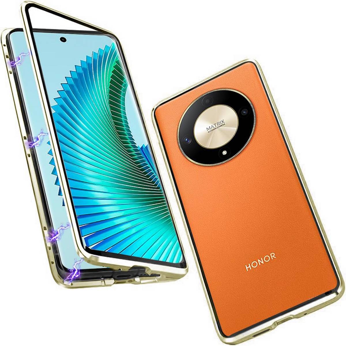 Für Honor Magic 6 Lite Beidseitiger 360 Grad Magnet Glas Hülle Handy Tasche Bumper Gold