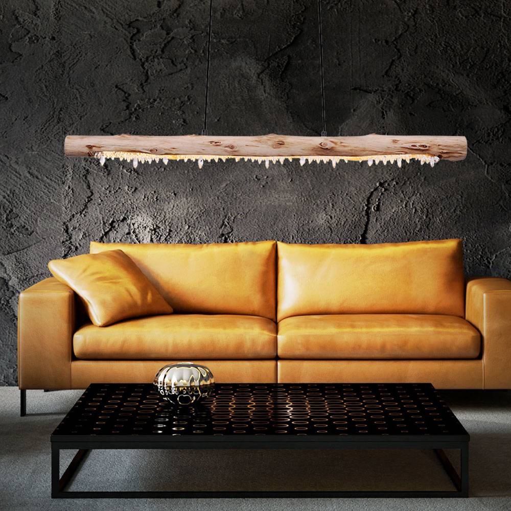 Decken Hängeleuchte aus Holz mit Kristalldekor Holzbalken Pendelleuchte Landhaus Stil Hängelampe, 1x LED 15 Watt 980 Lumen warmweiß, LxBxH 100x8x15