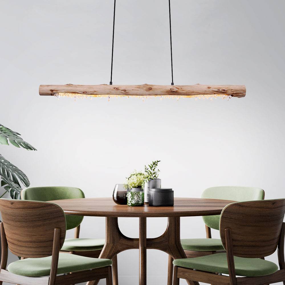 Decken Hängeleuchte aus Holz mit Kristalldekor Holzbalken Pendelleuchte Landhaus Stil Hängelampe, 1x LED 15 Watt 980 Lumen warmweiß, LxBxH 100x8x15