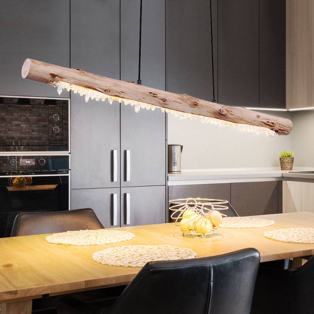 Decken Hängeleuchte aus Holz mit Kristalldekor Holzbalken Pendelleuchte Landhaus Stil Hängelampe, 1x LED 15 Watt 980 Lumen warmweiß, LxBxH 100x8x15