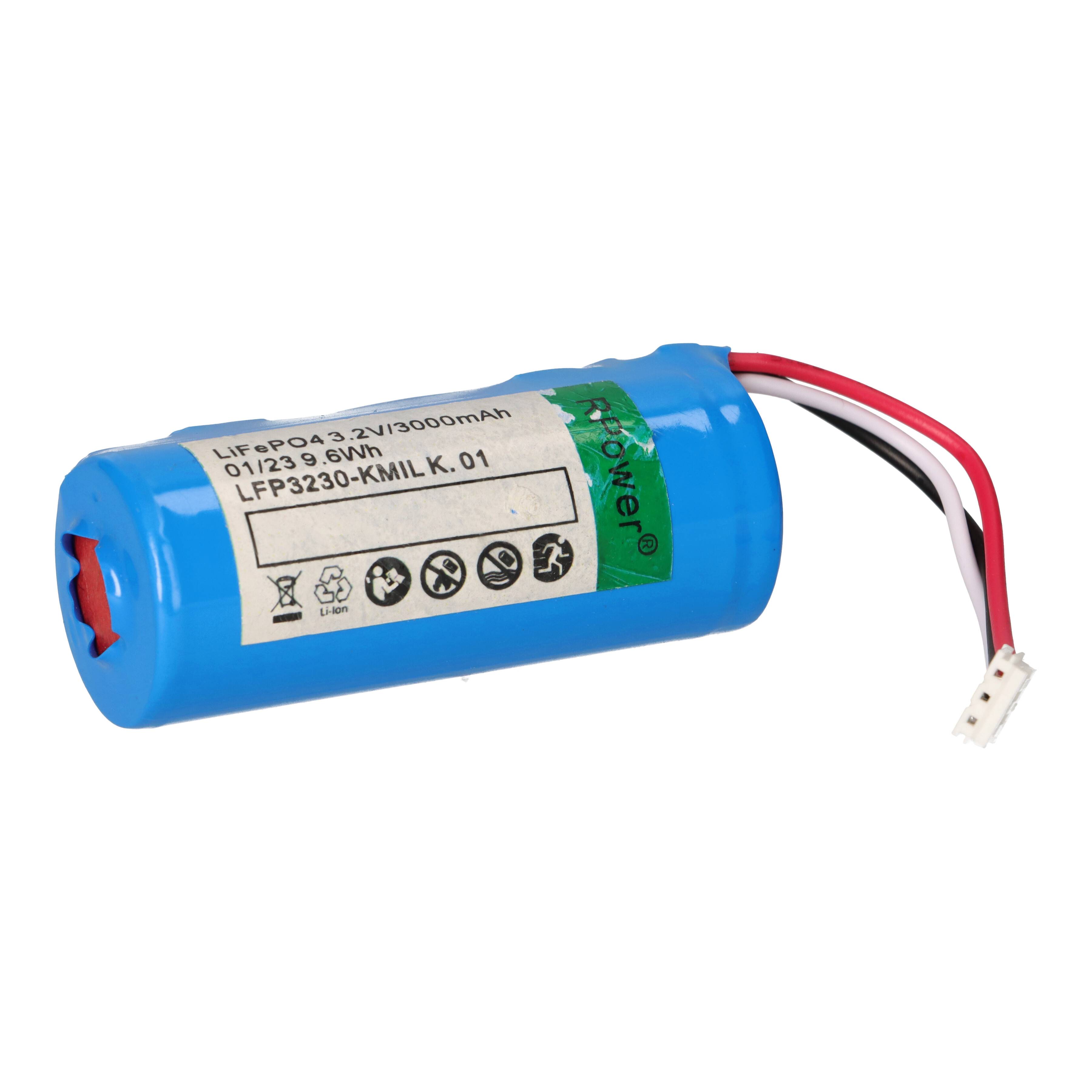 Blauer wiederaufladbarer Lithium-Akku mit angebrachten roten, schwarzen und weißen Drähten und einem kleinen Stecker.