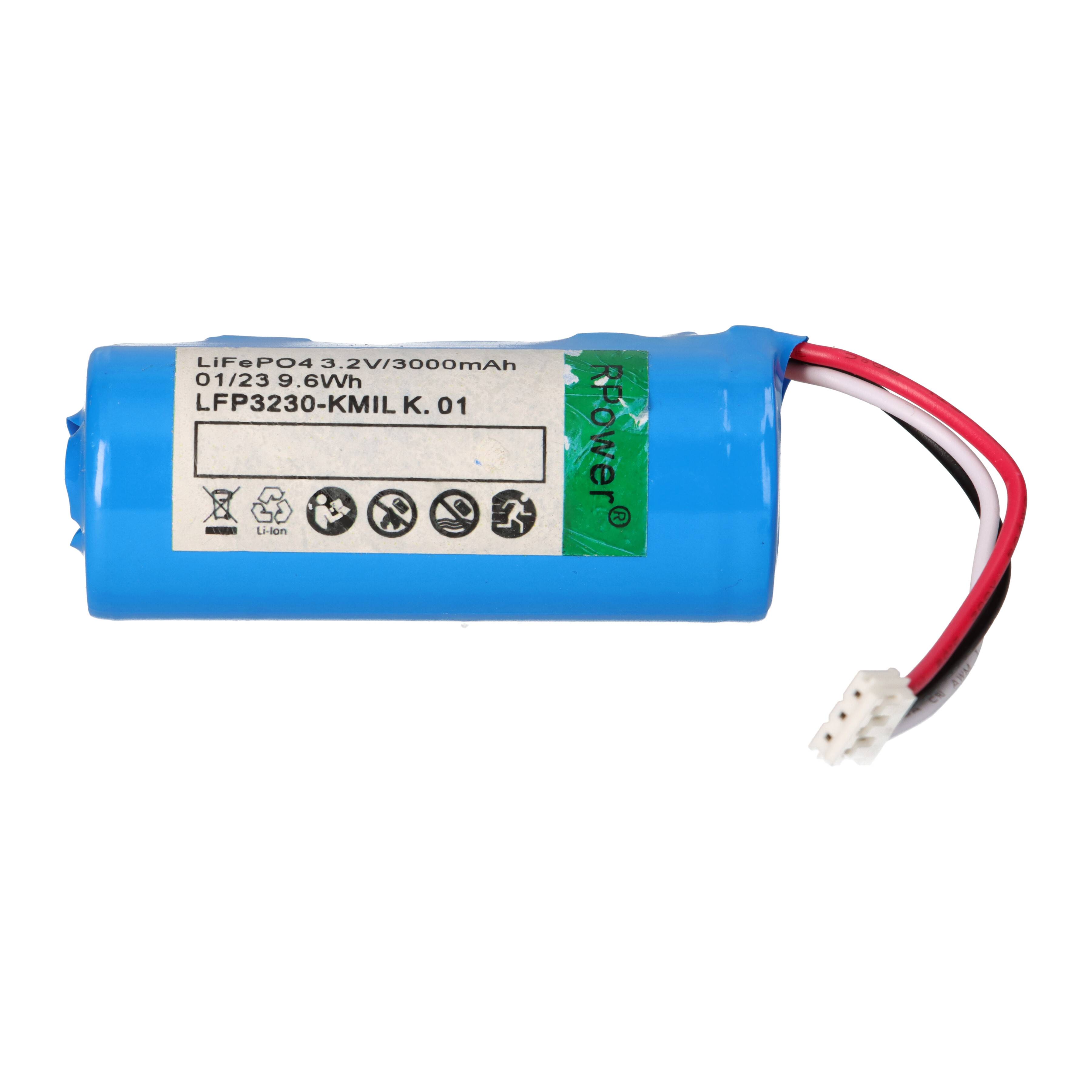 Blaues wiederaufladbares Lithium-Ionen-Akku-Set mit angebrachten roten, schwarzen und weißen Kabeln und weißem Stecker auf weißem Hintergrund