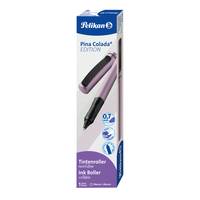 Pelikan Pina Colada Edition Roller Pen Verpackung in Lila und Schwarz, gezeigt auf weißem Hintergrund.