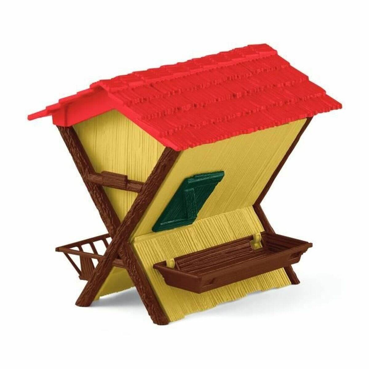 Kleines dekoratives Vogelhaus mit rötlichem Dach, gelben Seitenwänden, braunen Holzstützen und einem winzigen vorderen Regal auf weißem Hintergrund