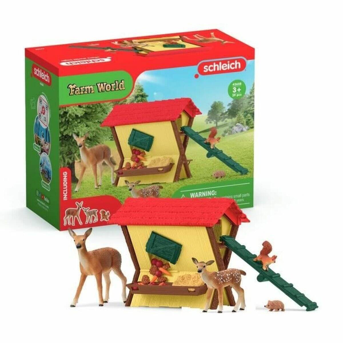 Schleich Farm World Spielzeugset-Box und Figuren zeigen ein Hirschunterschlupf mit rotem Dach, zwei Hirsche, ein Eichhörnchen und kleine Tierzubehörteile.