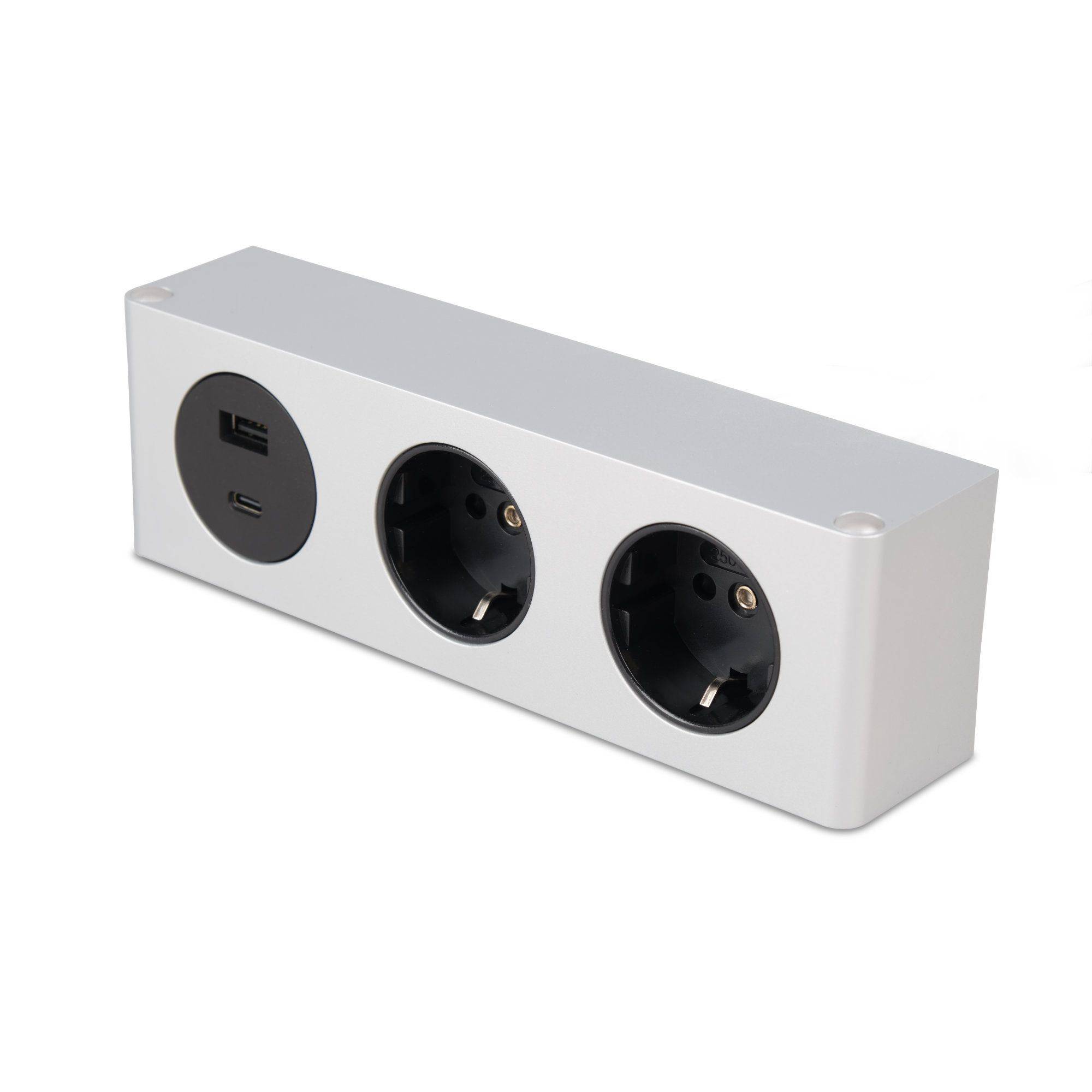 kalb | 3-fach Steckdosenleiste zur Montage, 2x 230V und 2x USB Steckdosen, 200x46x62.5 mm, Anschlusskabel mit Stecker, silber