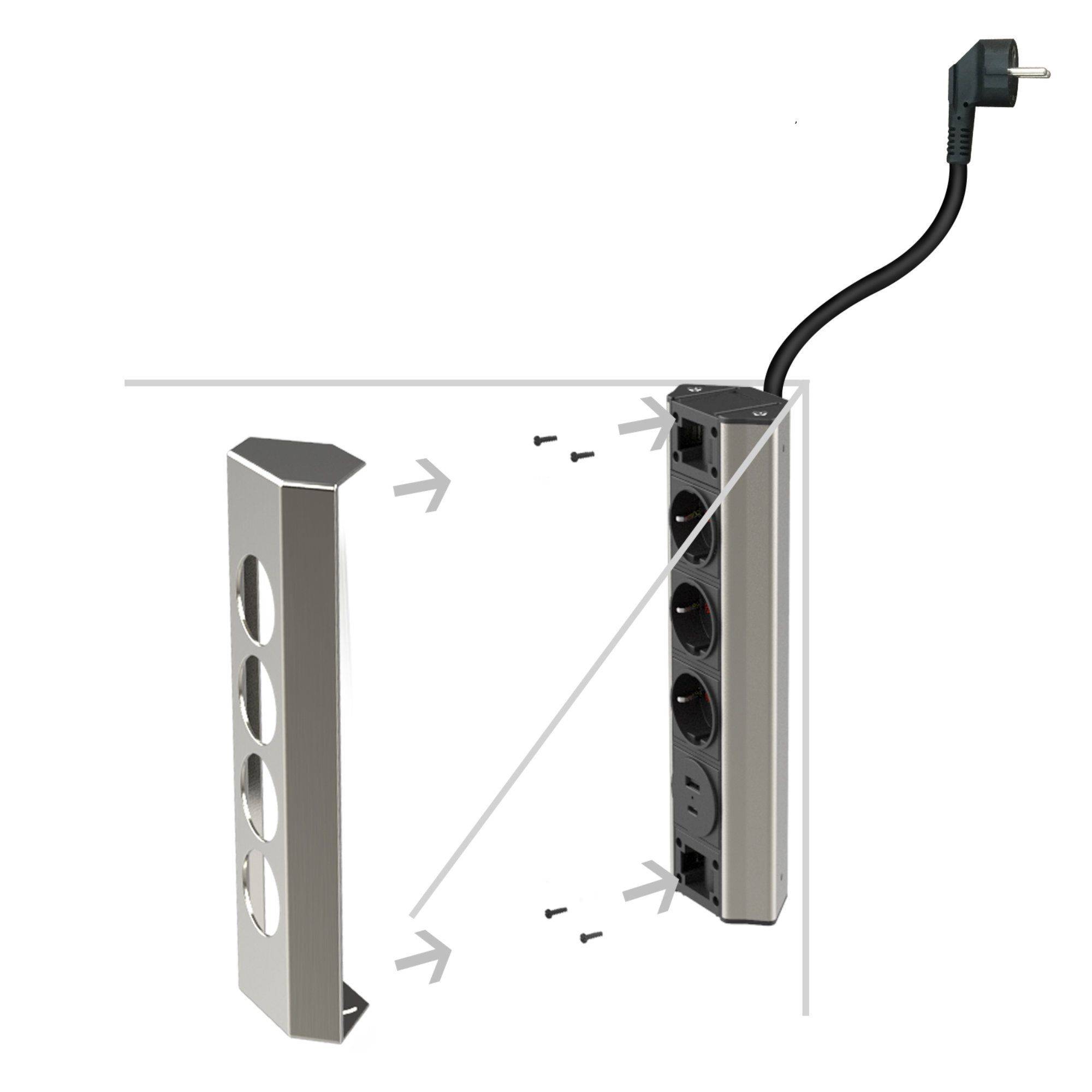 kalb | Edelstahl Ecksteckdose 4-fach Steckdosenleiste, 3x 230VAC, 2x USB Anschluss, 2 m Anschlusskabel mit EU-Stecker, silber/schwarz