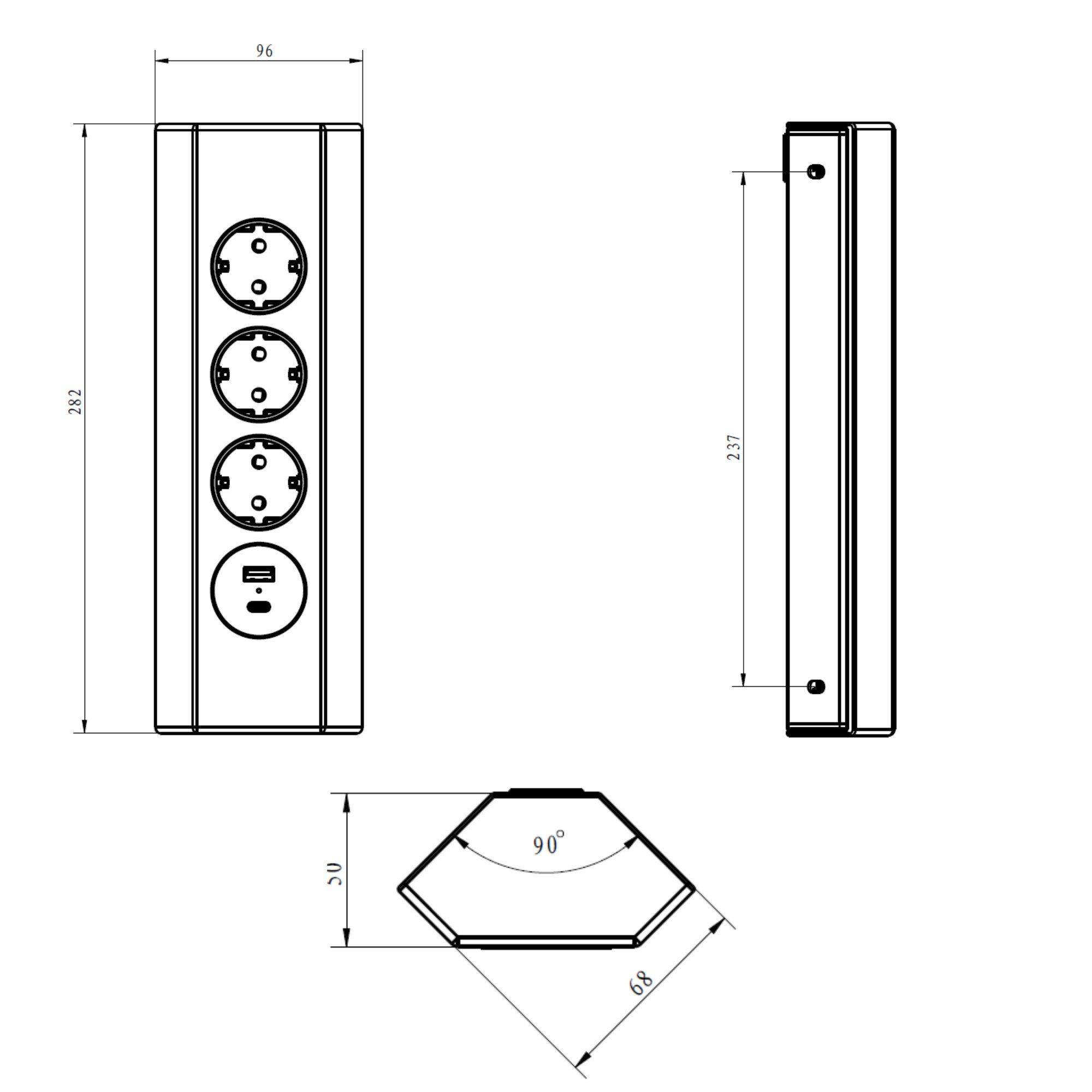 kalb | Edelstahl Ecksteckdose 4-fach Steckdosenleiste, 3x 230VAC, 2x USB Anschluss, 2 m Anschlusskabel mit EU-Stecker, silber/schwarz