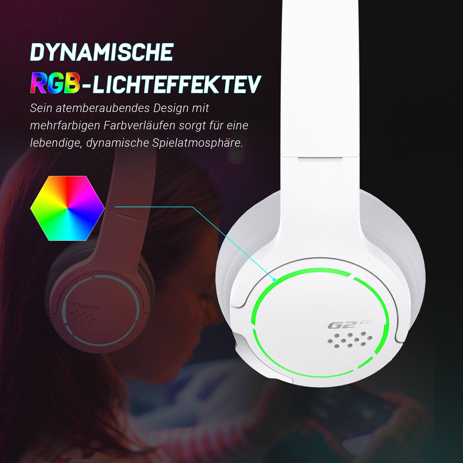Edifier HECATE G2BT Bluetooth Gaming Headset, RGB-Licht,kabelloses Over-Ear Headset,Geräuschunterdrückung für Telefonieren/Spielen/Musik, Weiß