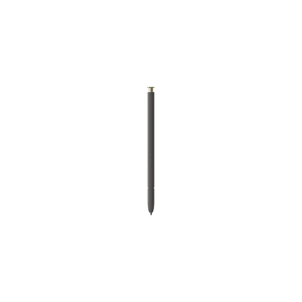 Ein einzelner schwarzer Stylus-Stift mit goldener Kappe, aufrecht auf einem einfachen weißen Hintergrund dargestellt.