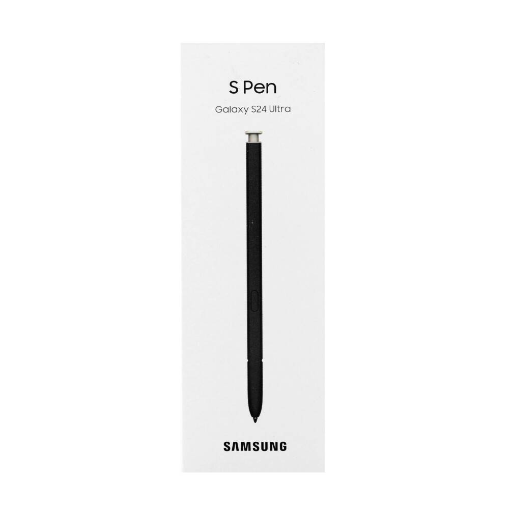Samsung Galaxy S24 Ultra S Pen vertikal auf einer weißen Produktschachtel mit Samsung-Branding gezeigt.