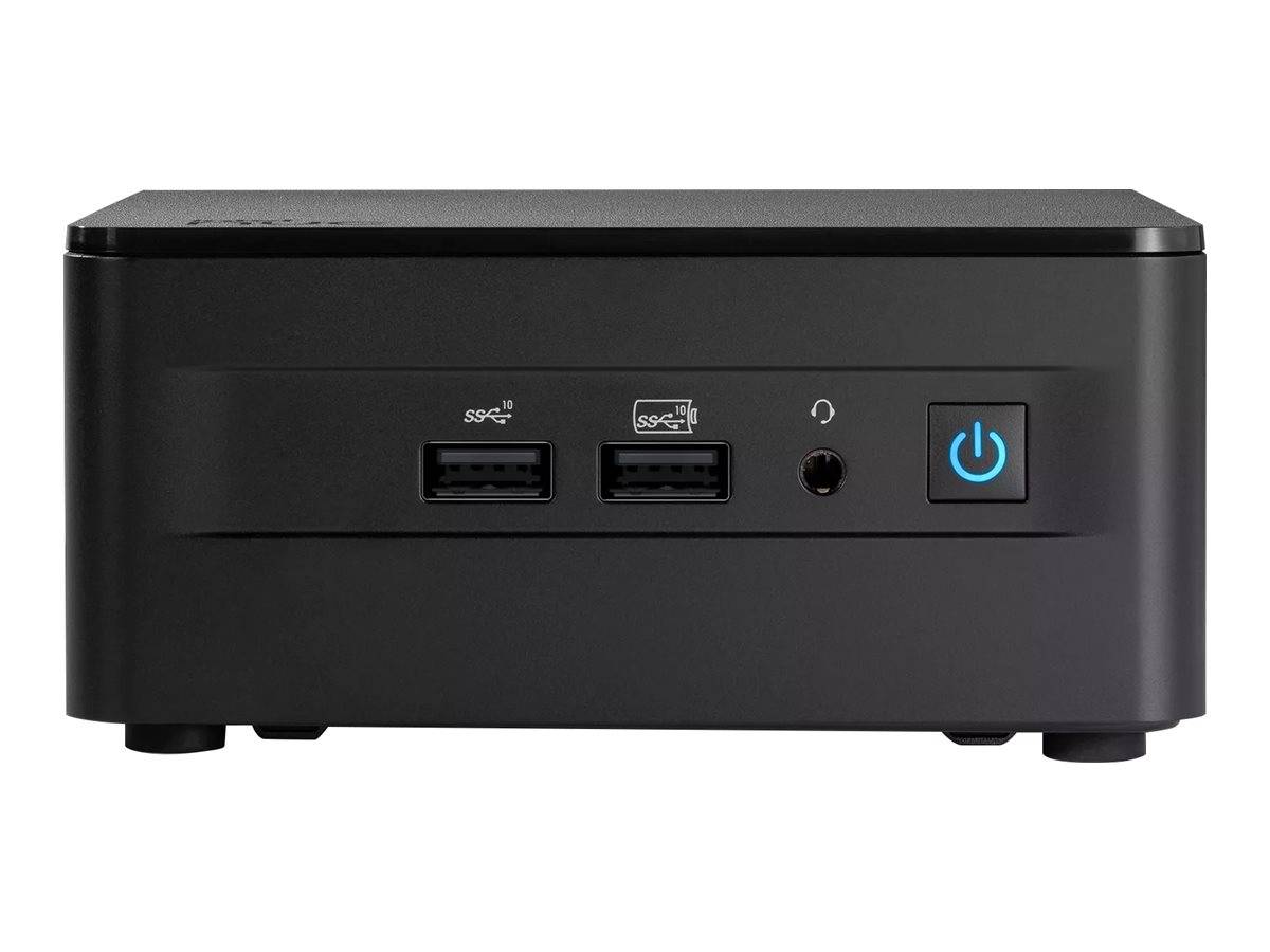 Schwarzer kompakter Computer-Miniturm mit zwei USB-Anschlüssen an der Vorderseite, Kopfhörerbuchse und blauem Stromschalter auf der Frontblende.