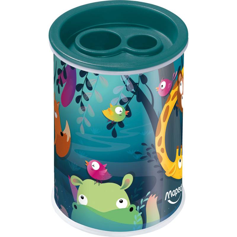 Behälterbehälter in Tierform mit türkisfarbenem Deckel und zwei kreisförmigen Fächern, verziert mit bunten Cartoon-Vögeln und einem Frosch in einer Waldszene.