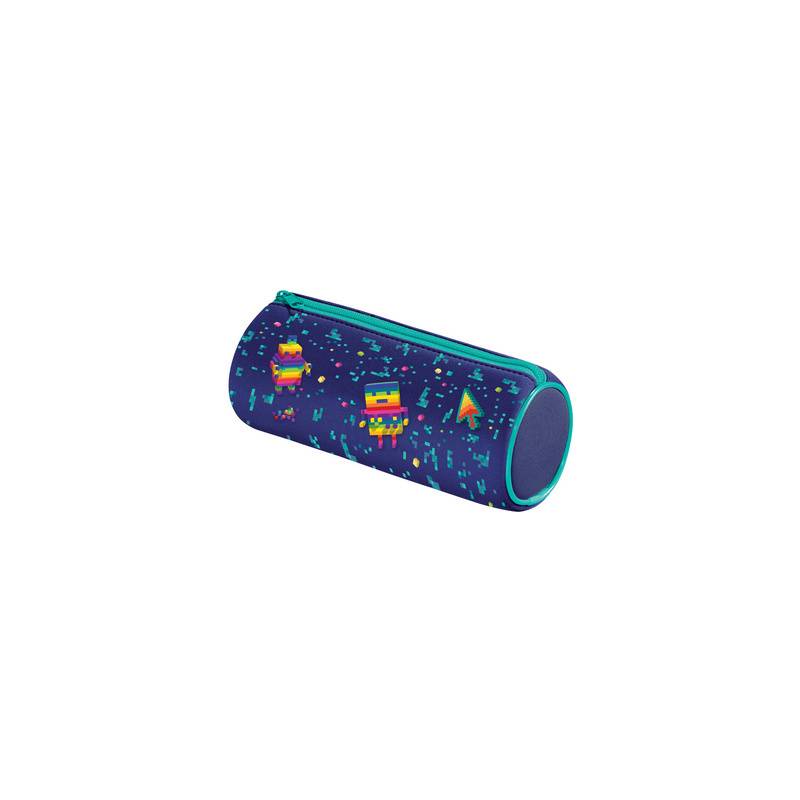 Blaues Etui mit Neonroboter- und Raumschiffmuster auf weißem Hintergrund.