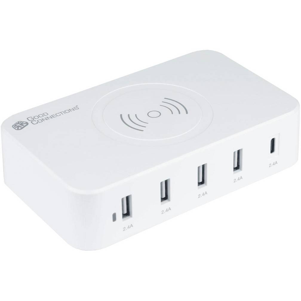 GoodConnections USB Desktop Ladestation 60W 5-Port USB-C/4xUSB-A 10W Qi Wireless Charging Weiß &