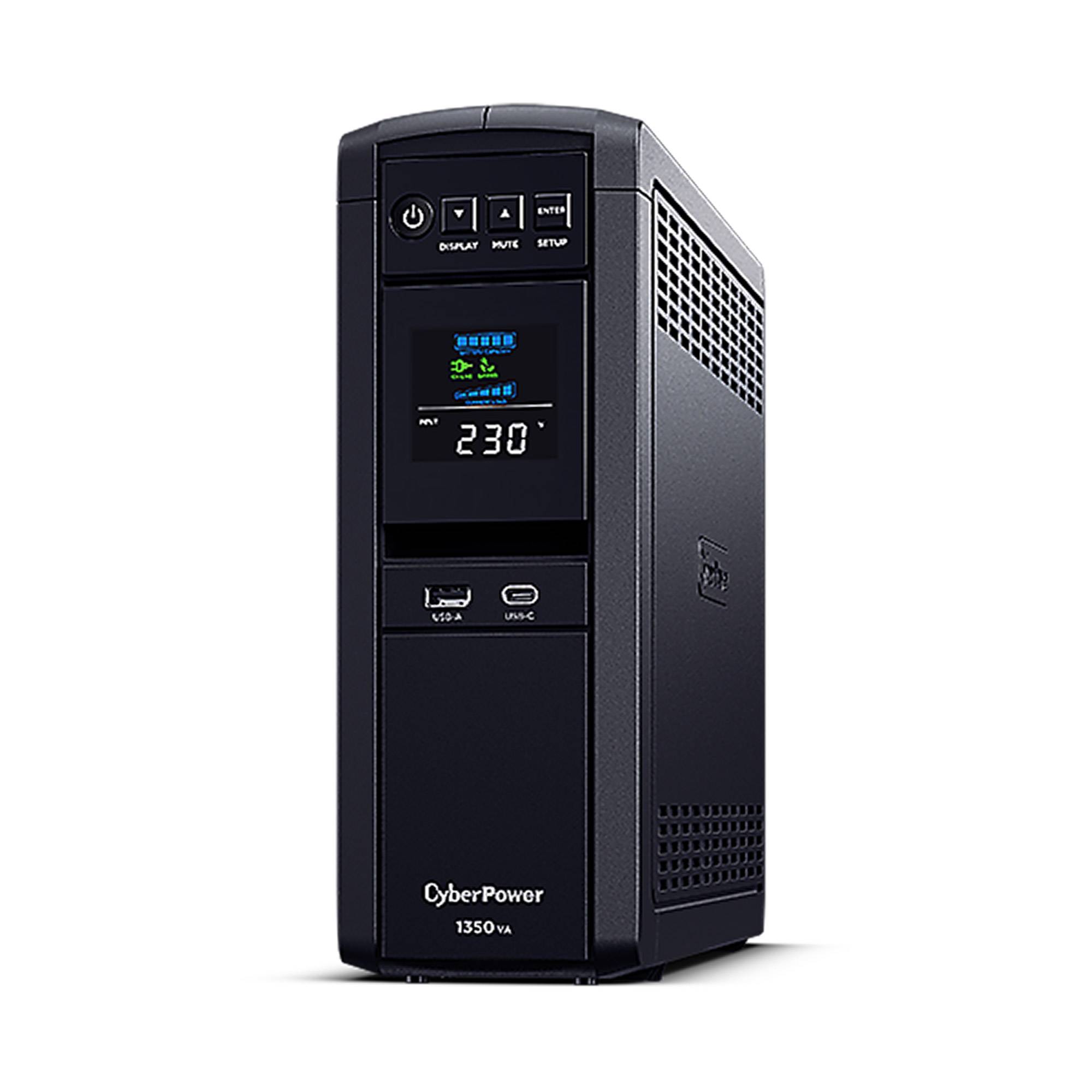 Schwarze CyberPower 1350VA unterbrechungsfreie Stromversorgung mit Frontdisplay, das 230 Volt anzeigt, sowie USB- und Datenports.