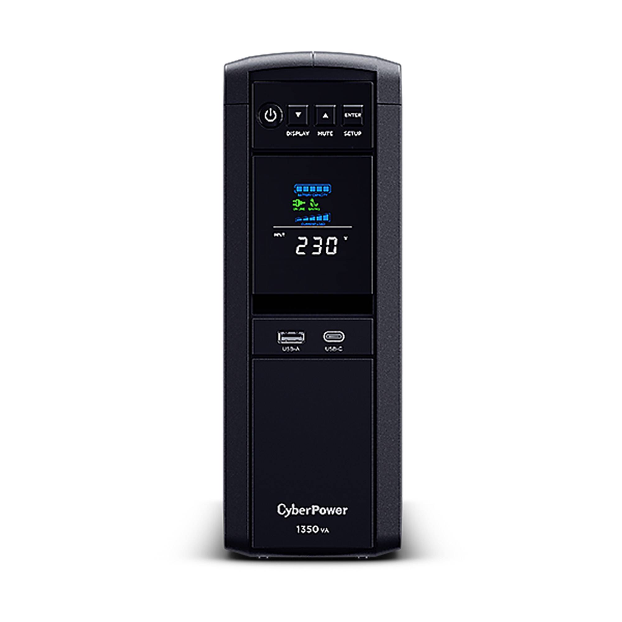 Vorderansicht einer CyberPower 1350 VA USV mit LCD-Display, das 230V anzeigt, sowie Stromschalter und Kontrolltasten und USB-/Ladeanschlüssen.