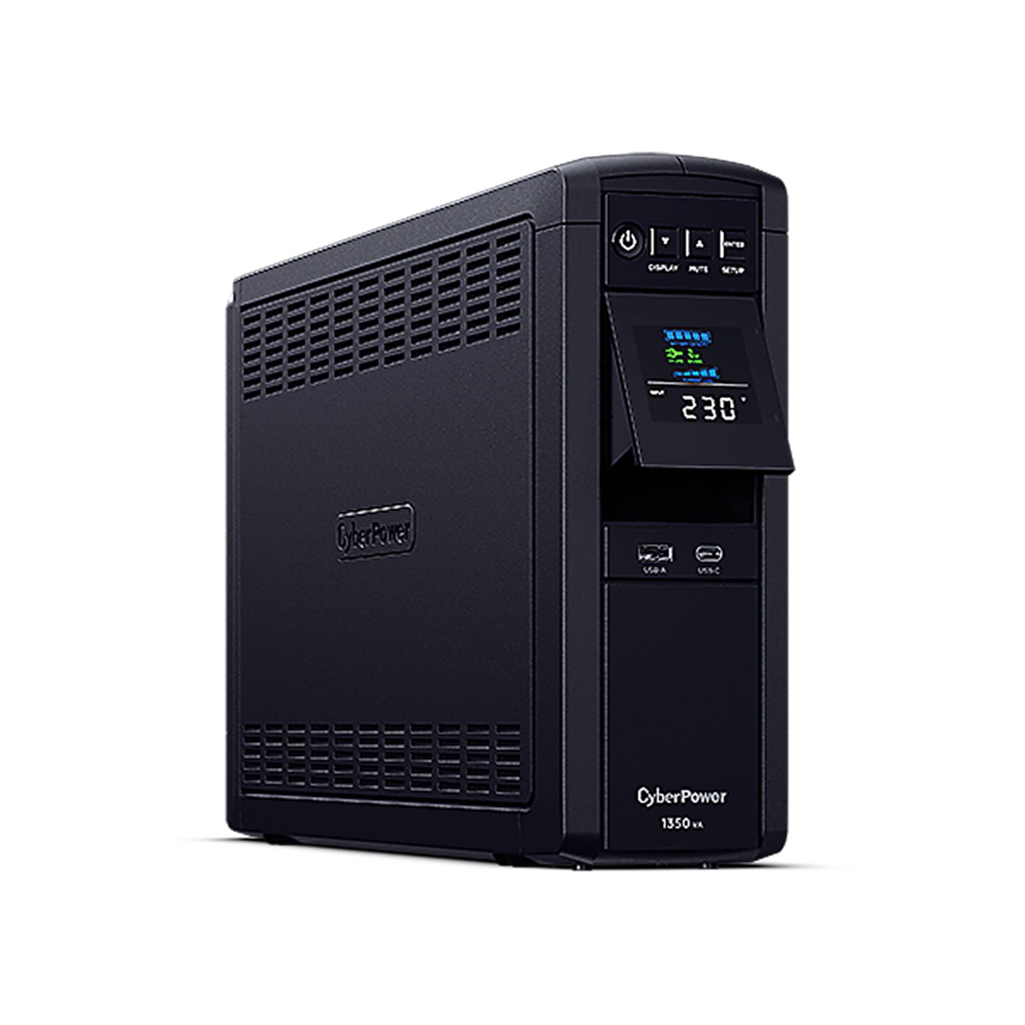 Schwarze CyberPower 1350VA Unterbrechungsfreie Stromversorgung mit vorderer LCD-Anzeige und Steuerungstasten auf weißem Hintergrund