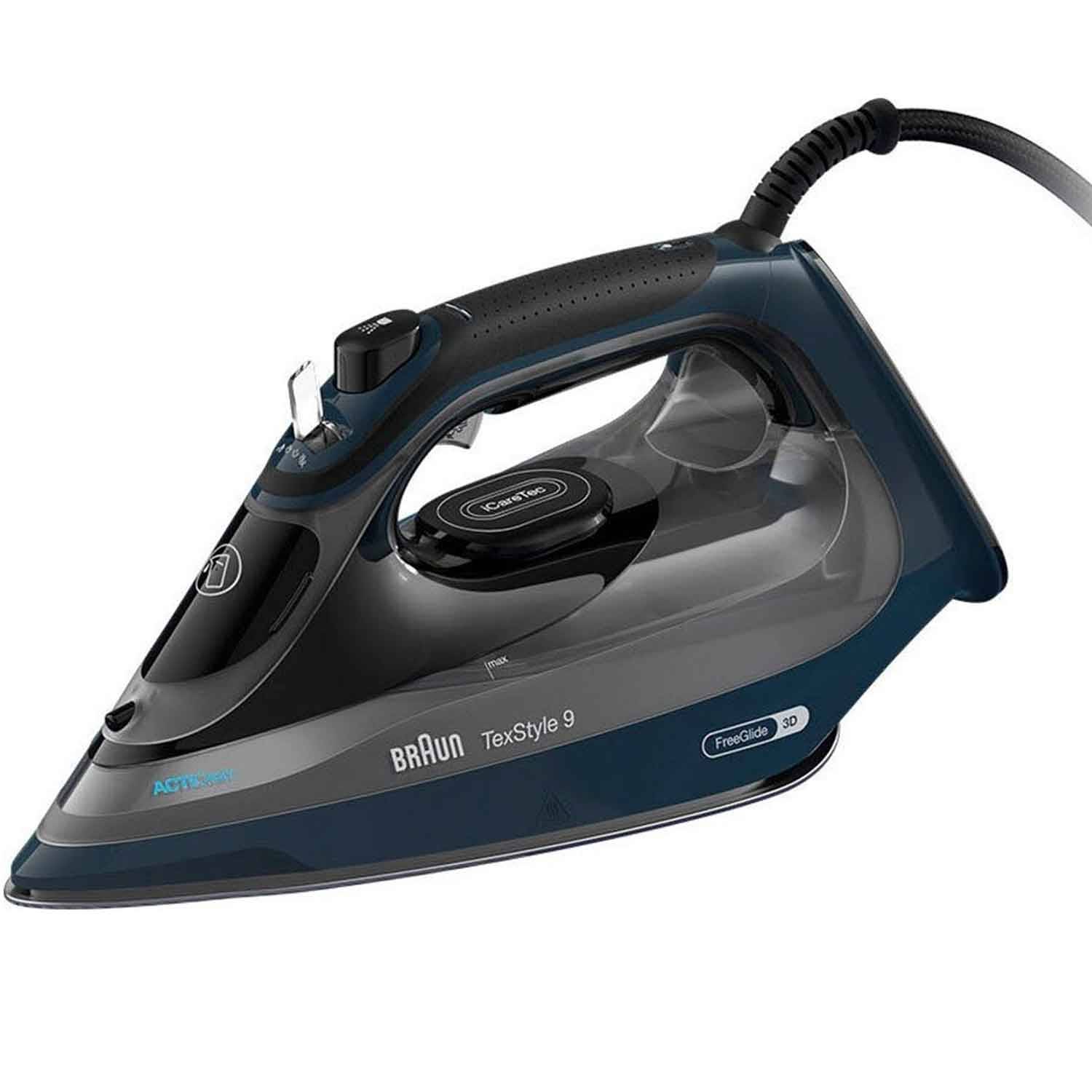 Ein blau und schwarz gefärbtes Dampfbügeleisen des Modells „Braun TexStyle 9