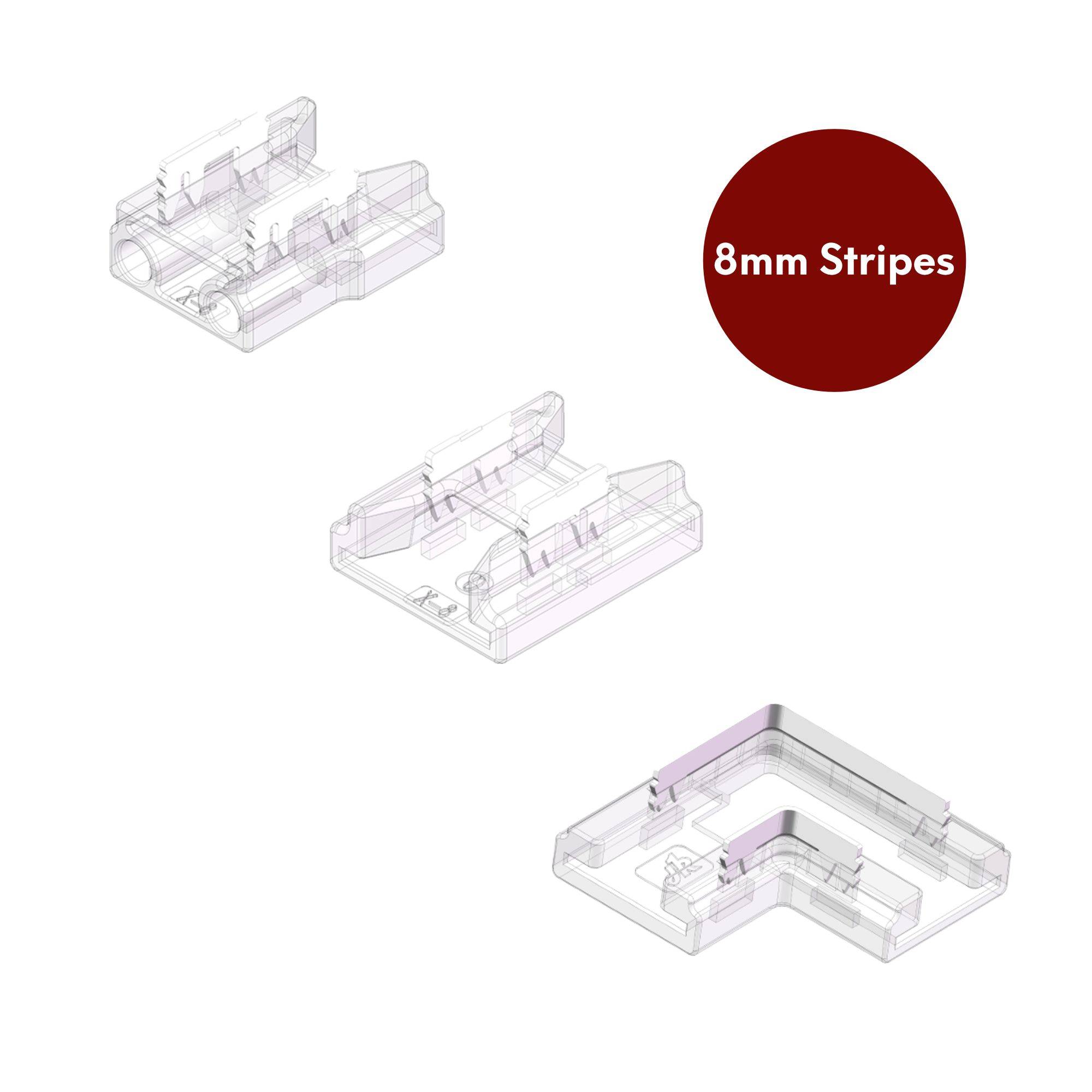 kalb | LED Verbinder Set, 8mm COB und SMD LED Streifen, 9-teilig, Anschlusskabel, Eckverbinder, Klemmverbindung ohne Löten, Transparent, Einfache