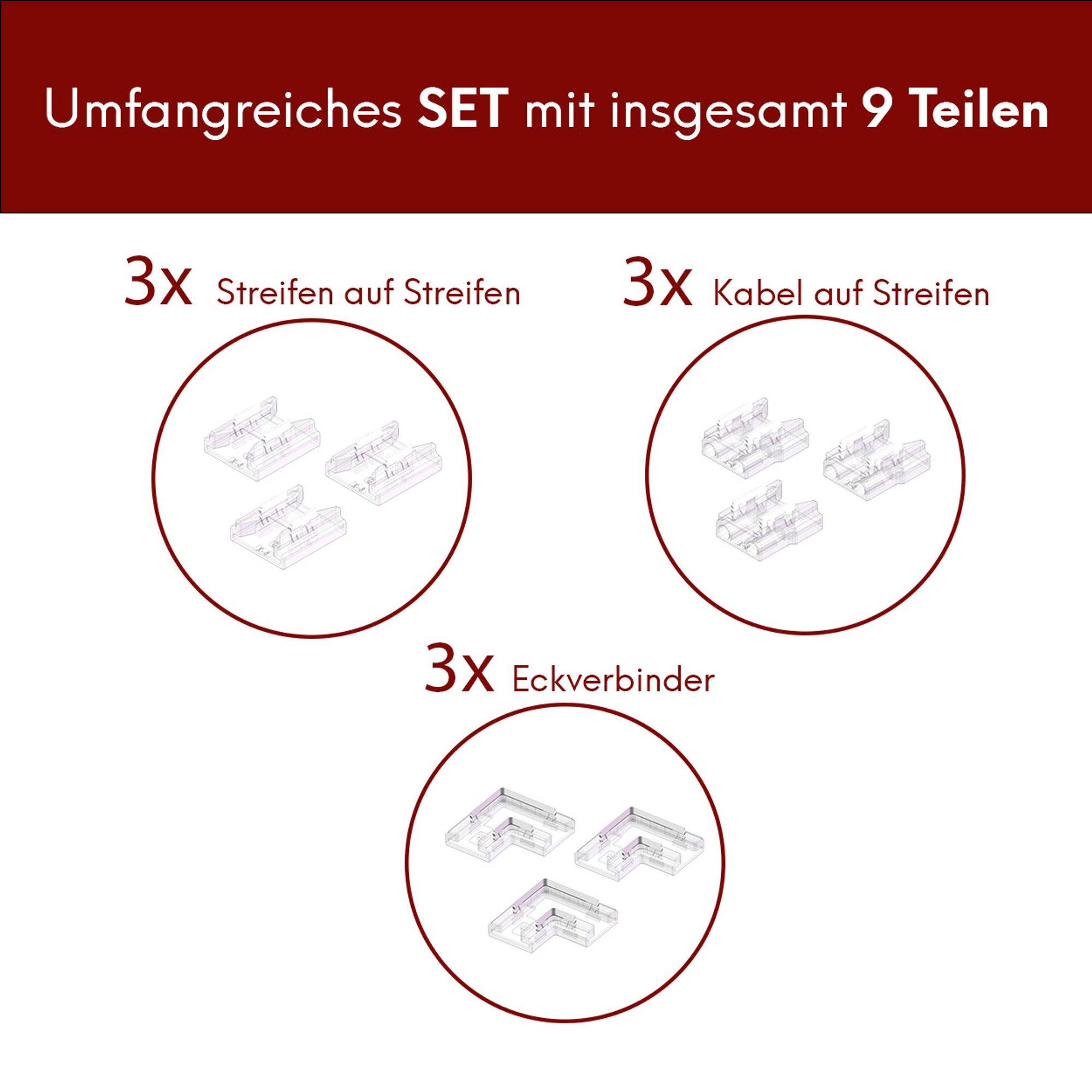 kalb | LED Verbinder Set, 8mm COB und SMD LED Streifen, 9-teilig, Anschlusskabel, Eckverbinder, Klemmverbindung ohne Löten, Transparent, Einfache