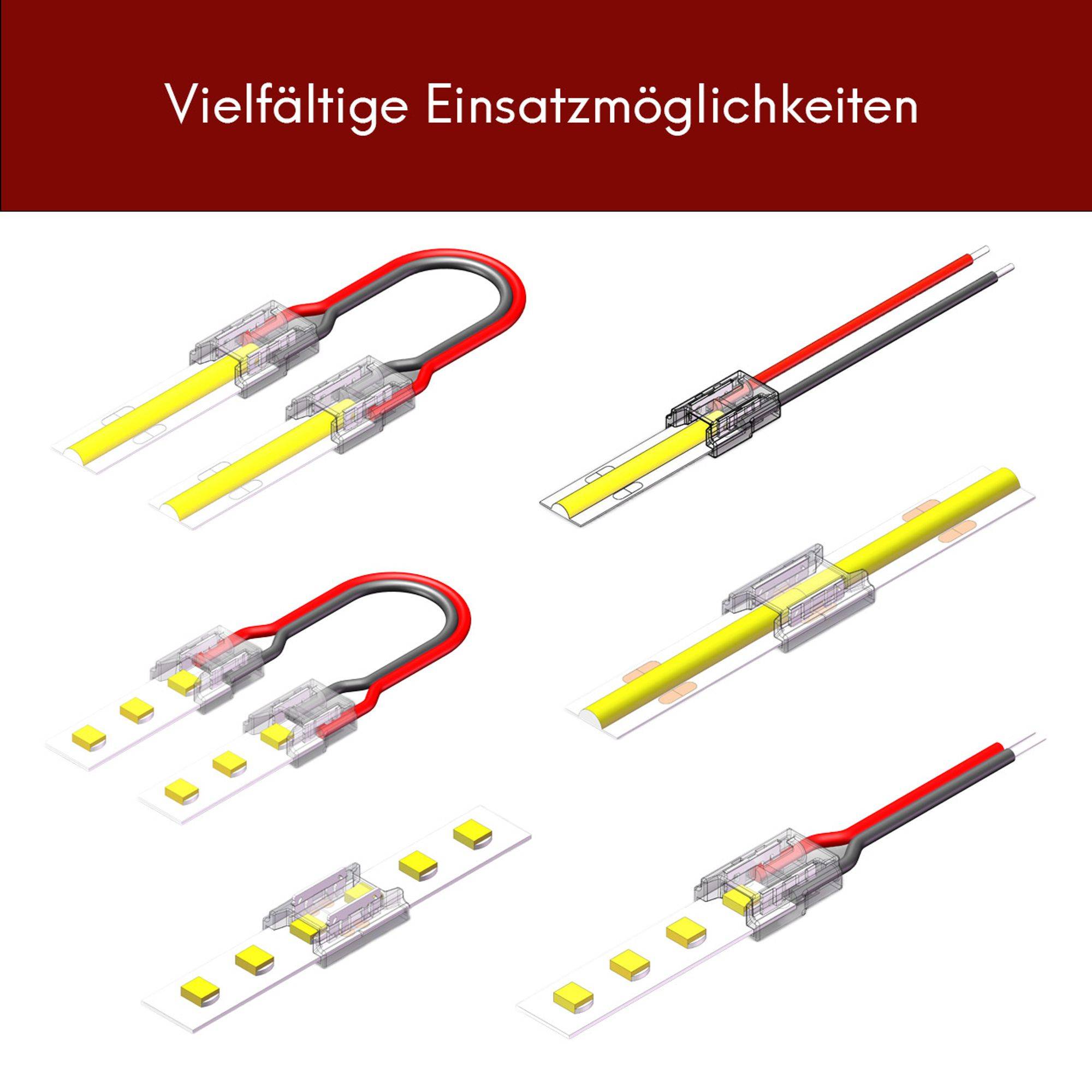 kalb | LED Verbinder Set, 8mm COB und SMD LED Streifen, 9-teilig, Anschlusskabel, Eckverbinder, Klemmverbindung ohne Löten, Transparent, Einfache