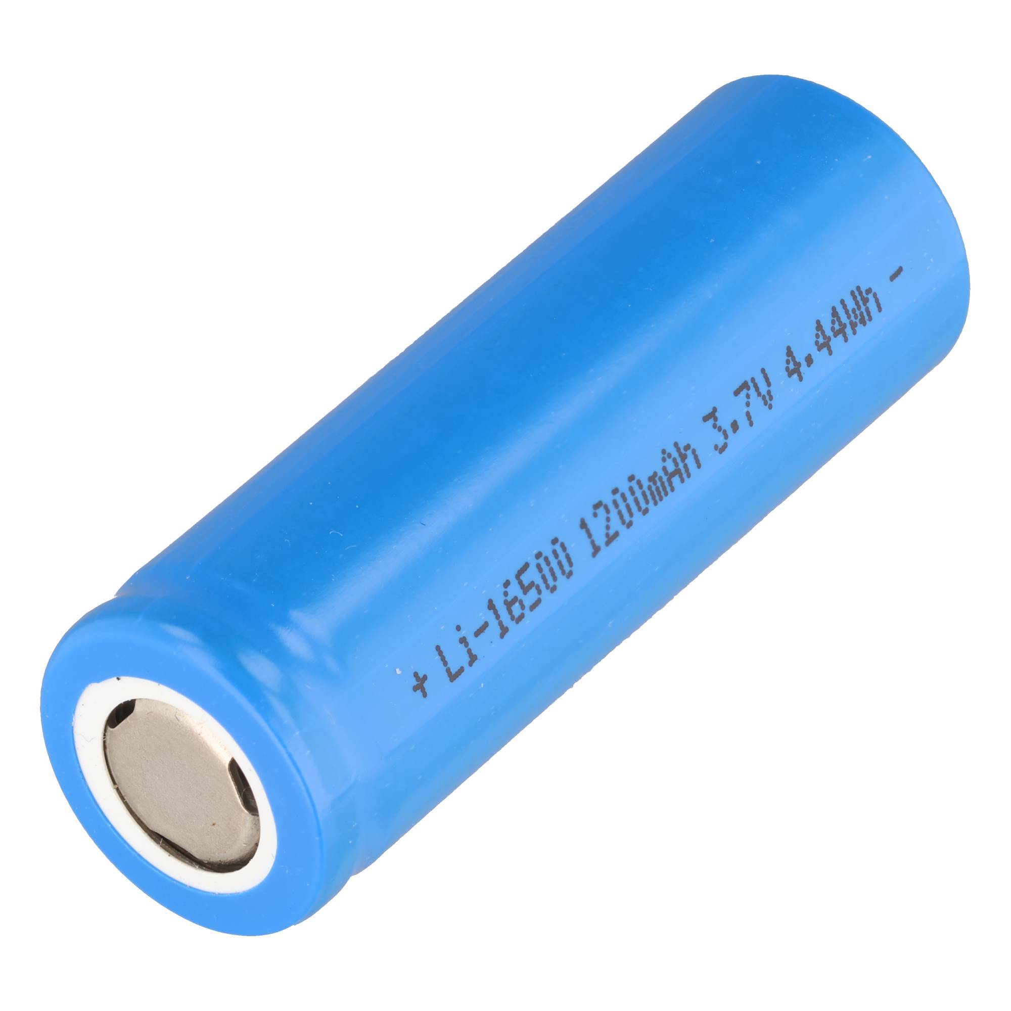 Blauer zylindrischer wiederaufladbarer Batteriezellkolben mit gedruckten Spannungs- und Kapazitätskennzeichnungen, dargestellt auf weißem Hintergrund.