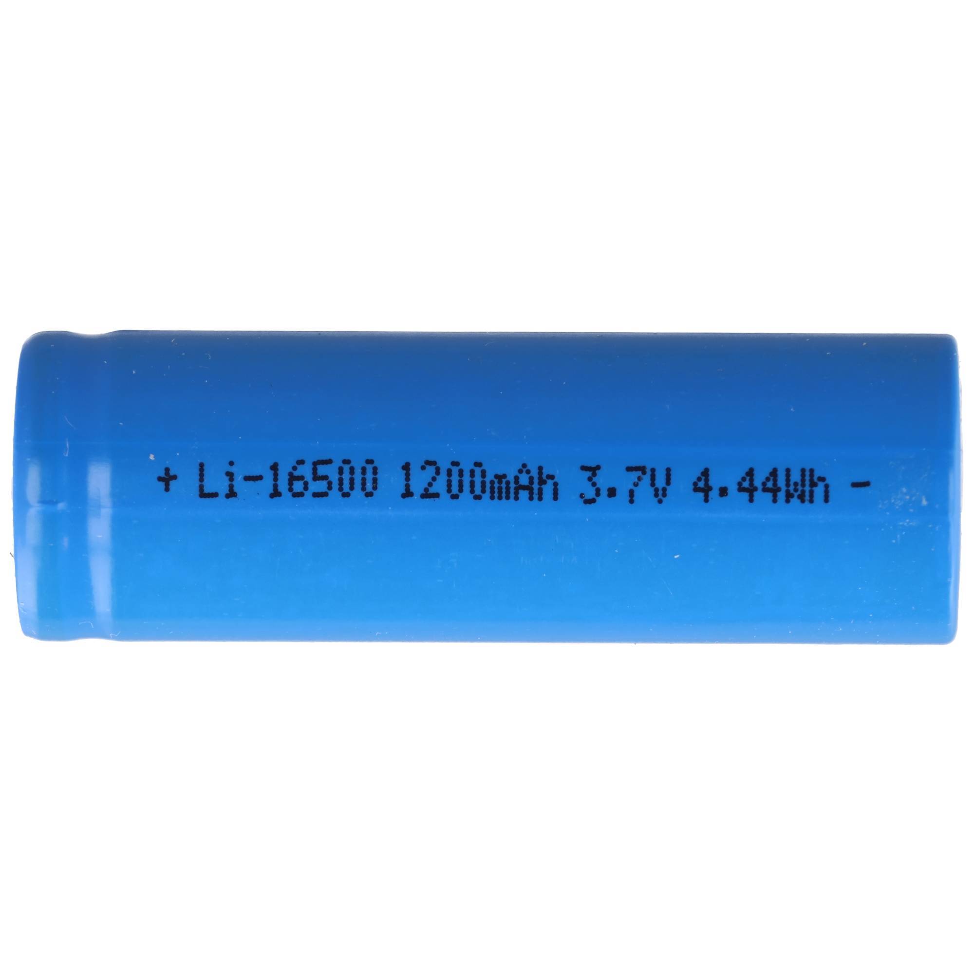Blaue zylindrische Lithium-Ionen-Batterie mit der Beschriftung „Li-16500 1200mAh 3,7V 4,44Wh" auf weißem Hintergrund.