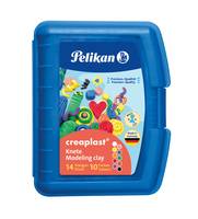 Blaues Pelikan Creaplast Modelliermasse-Set in einem Kunststofftablett, mit 14 Farben und 10 Stück gekennzeichnet.