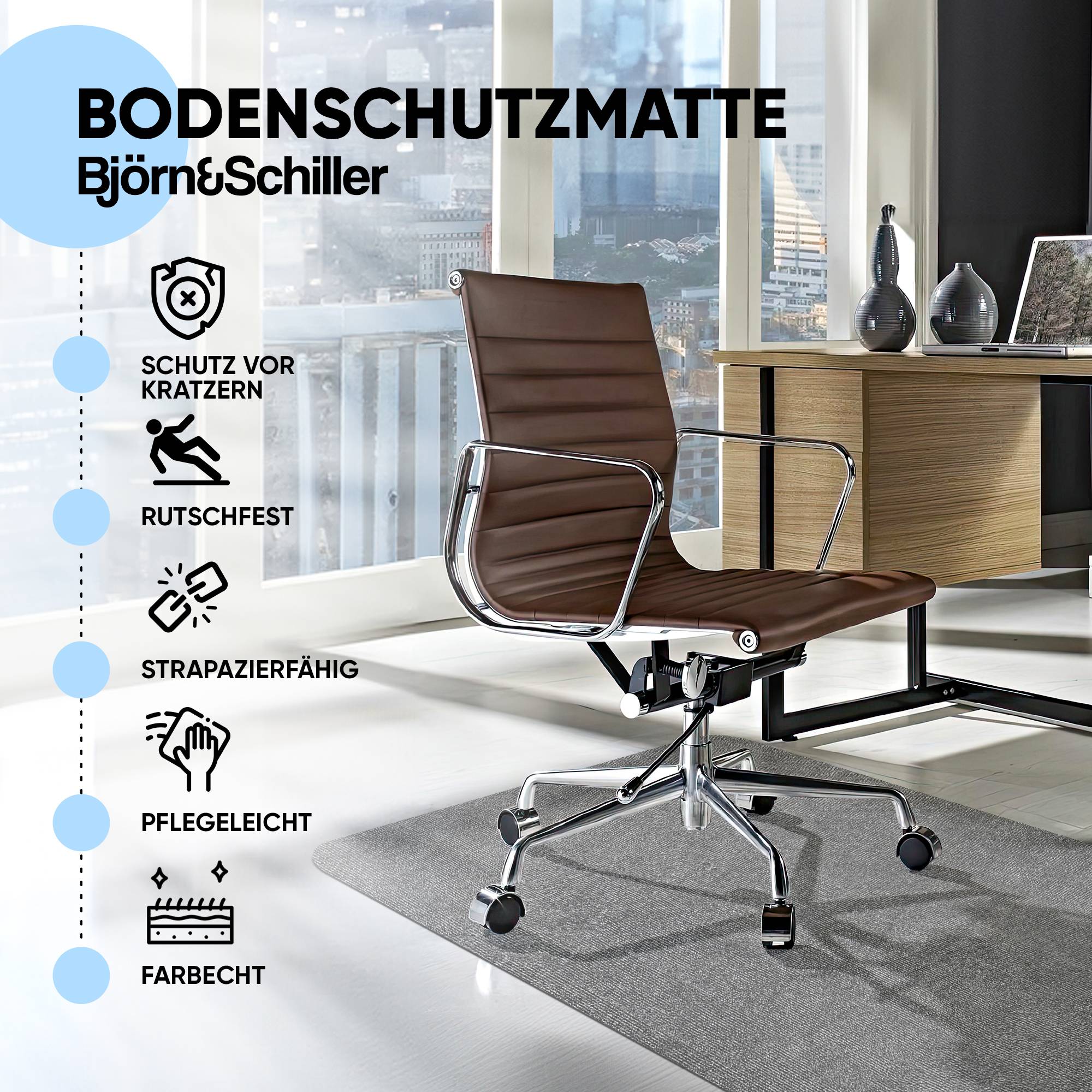 Björn&Schiller Bodenschutzmatte 100x120 cm Kratzschutz Schreibtischunterlage, Grau, Rutschfeste Bürostuhlunterlage, Bodenmatte, Stuhlunterlage
