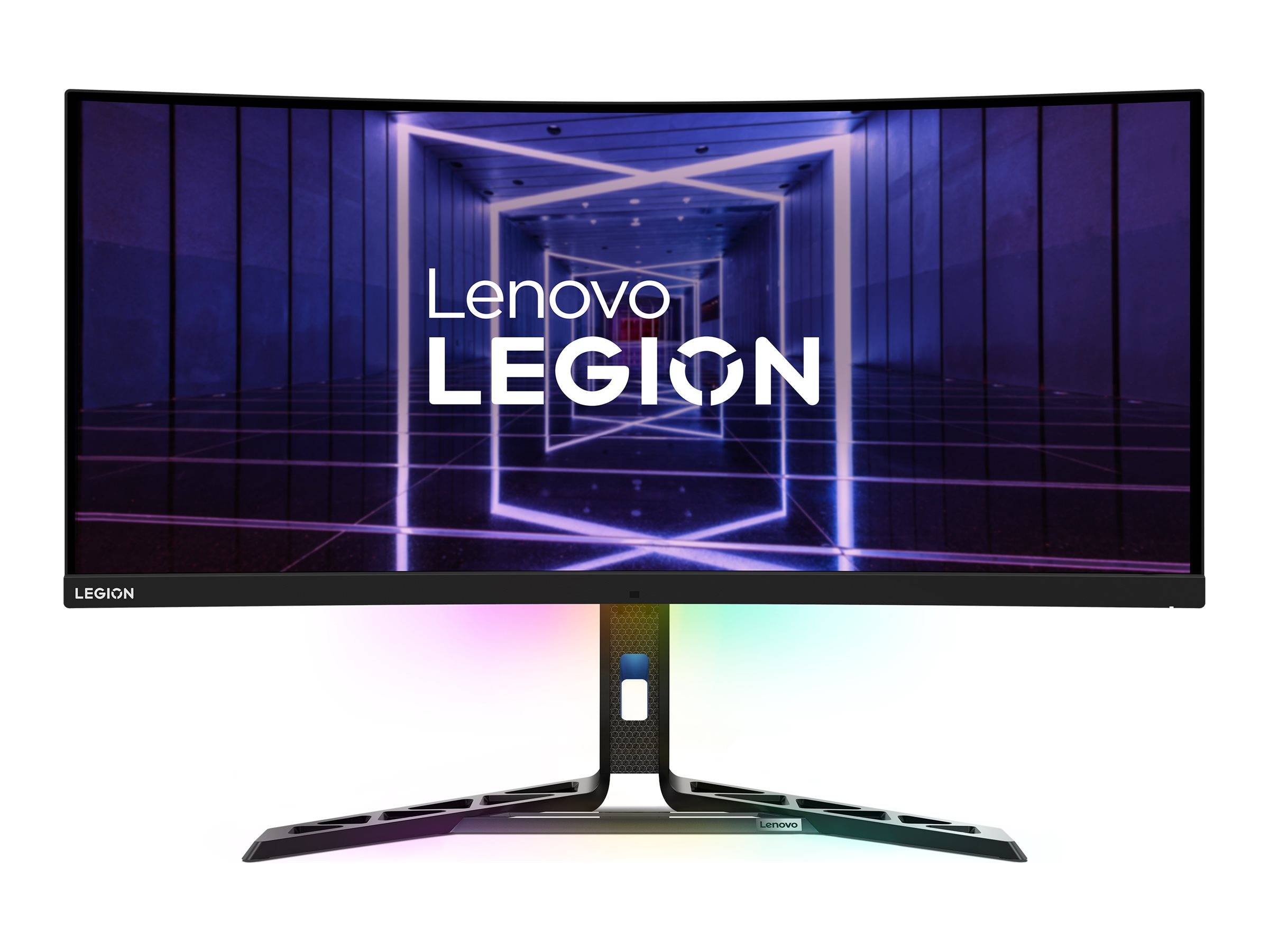 Lenovo Legion Gaming-Monitor mit einem breiten gekrümmten Bildschirm, der einen violetten Neon-Tunnel und das 
