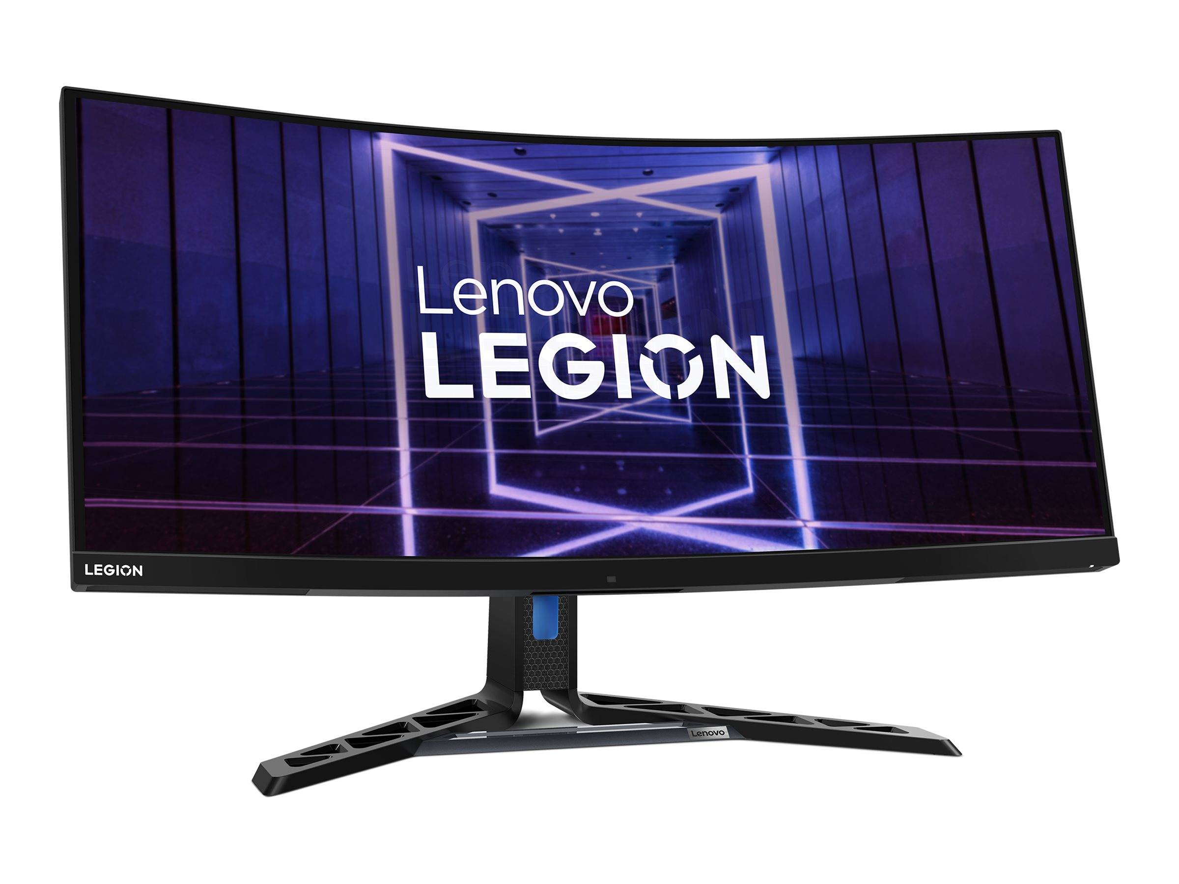 Lenovo Legion gekrümmter Gaming-Monitor mit einer violetten Neon-Tunnel-Grafik auf dem Bildschirm und einem Ständer mit breiten V-förmigen Füßen.