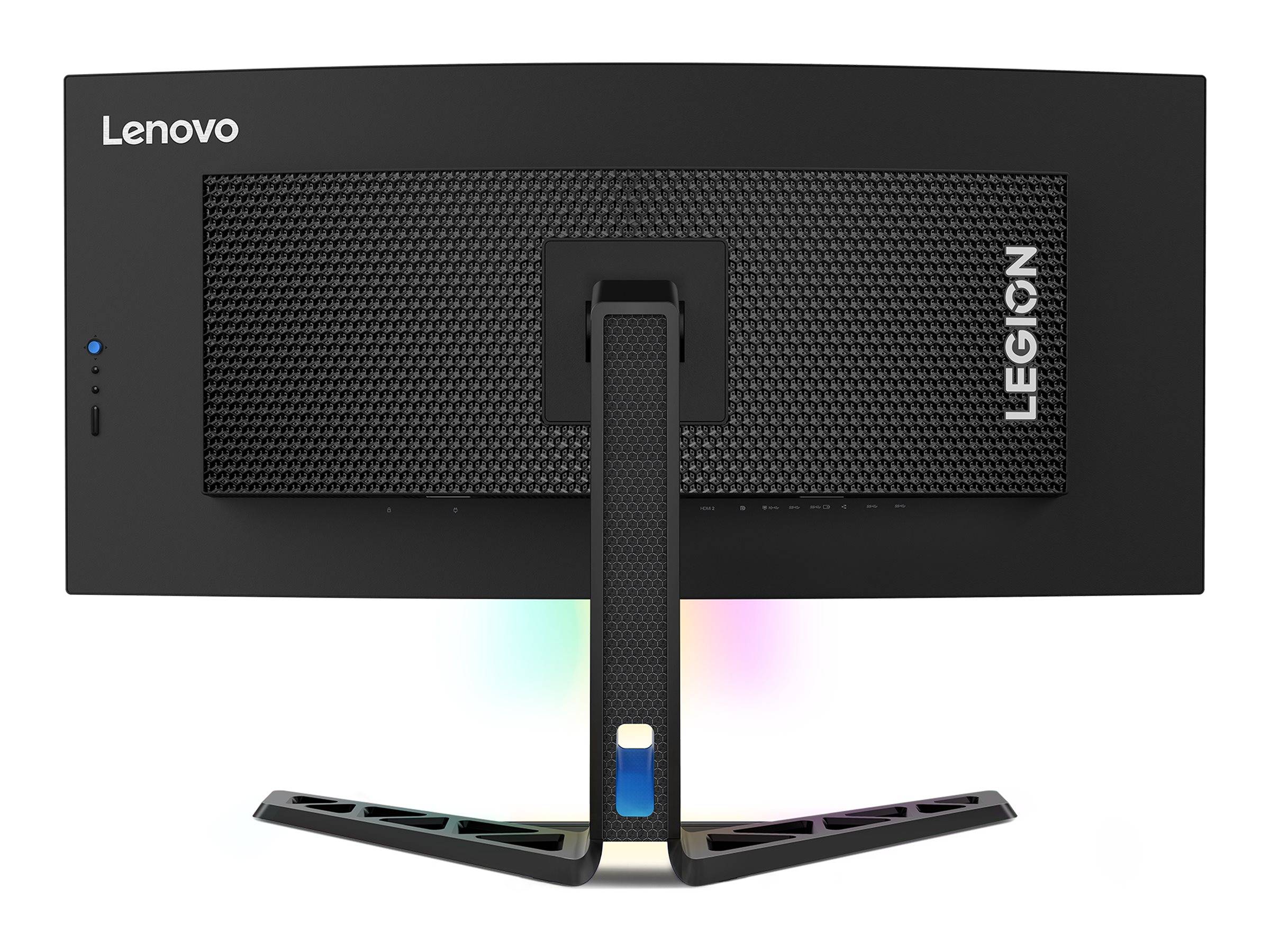 Rückansicht eines Lenovo Legion Monitors mit zentralem Standfuß auf weißem Hintergrund.