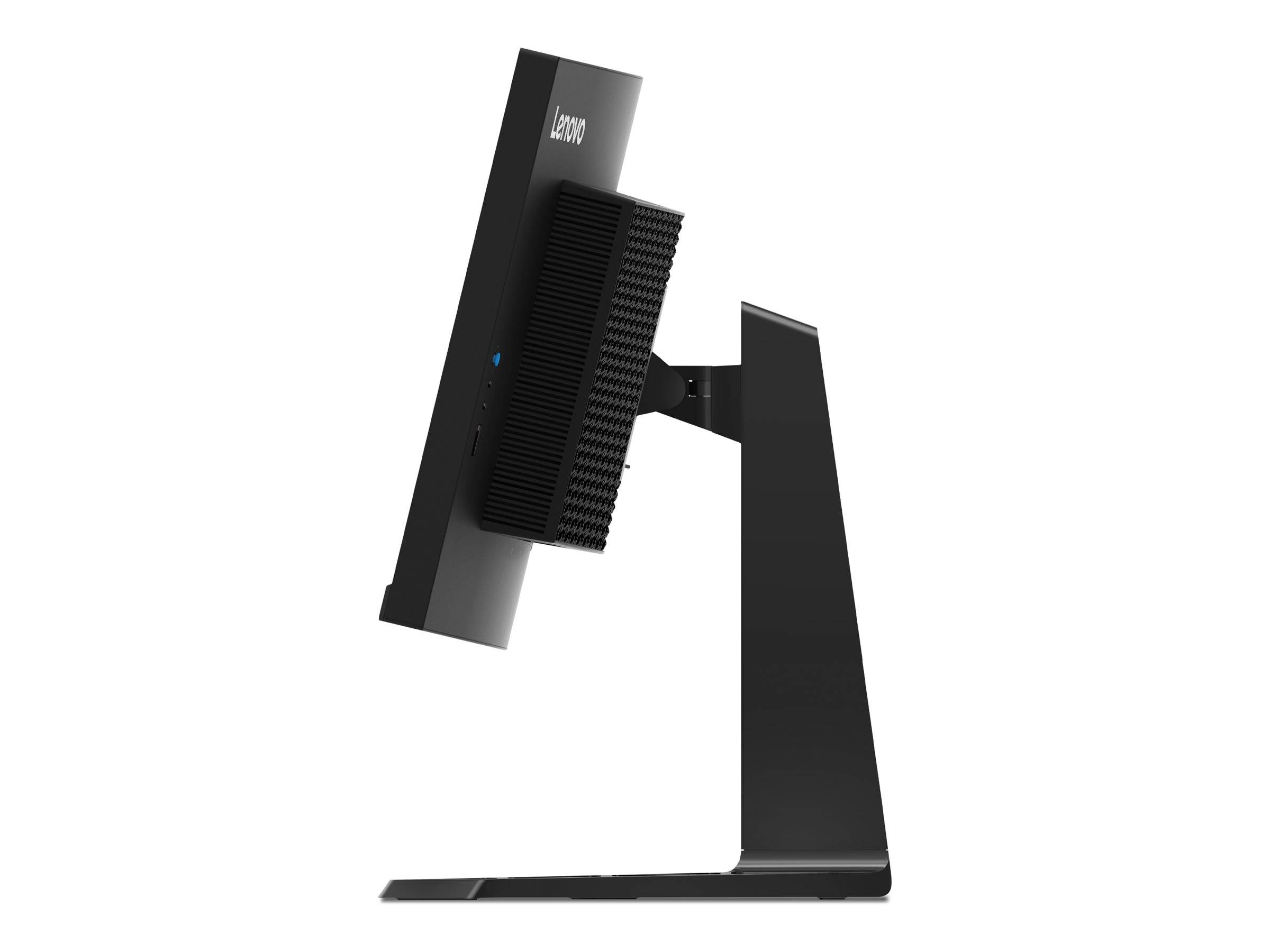 Schwarzer Lenovo-Desktop-Monitor in Profilansicht auf einem Ständer vor weißem Hintergrund.