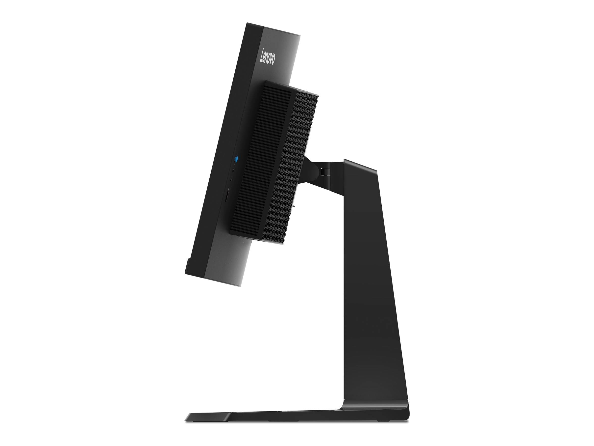 Schwarzer Lenovo-Desktop-Monitor in Seitenansicht auf weißem Hintergrund mit schlankem Ständer und rechteckiger Basis.